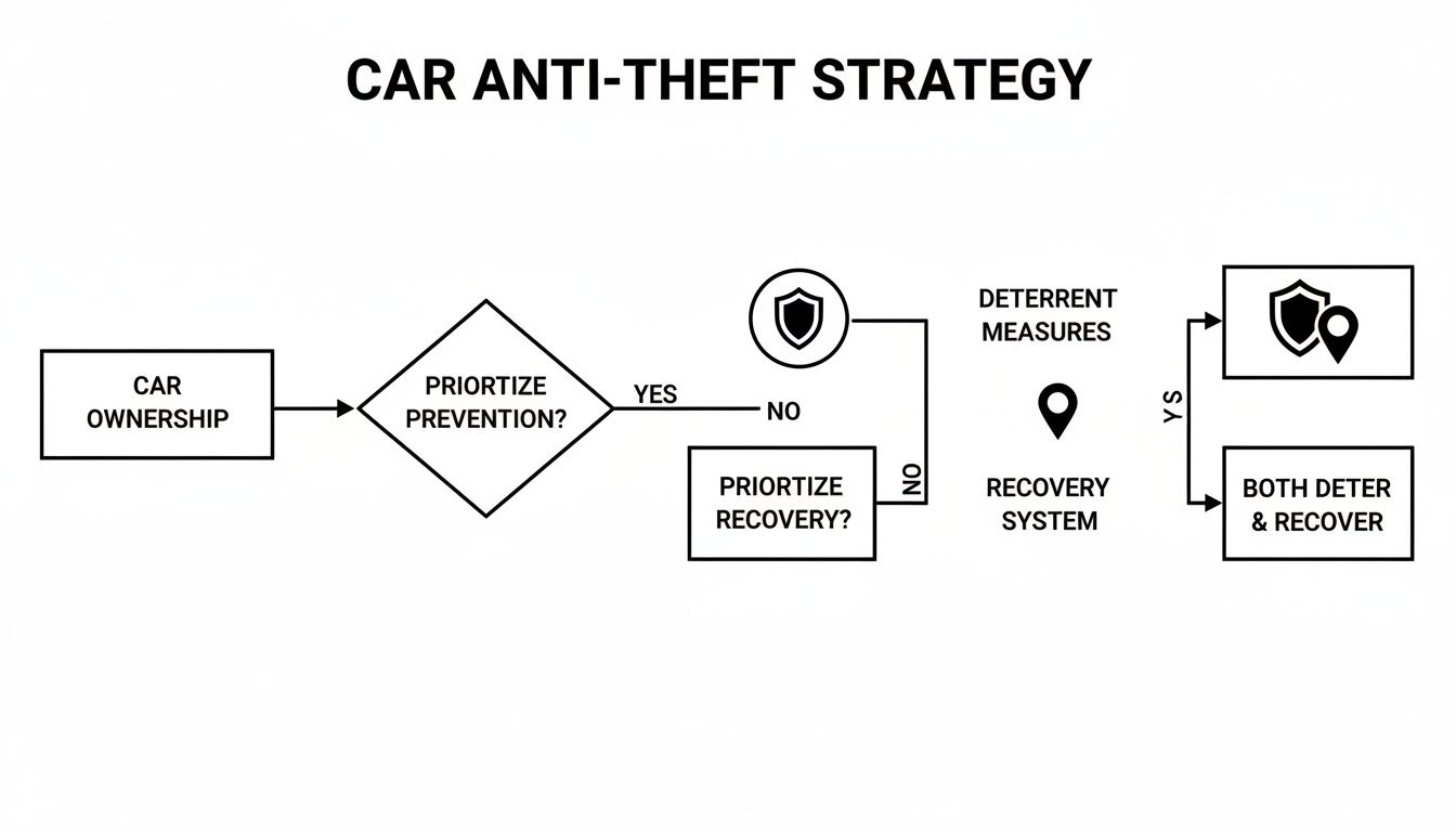 A flowchart illustrates a car anti-theft strategy, guiding decisions on prioritizing prevention with deterrent measures or recovery systems, leading to combined solutions.