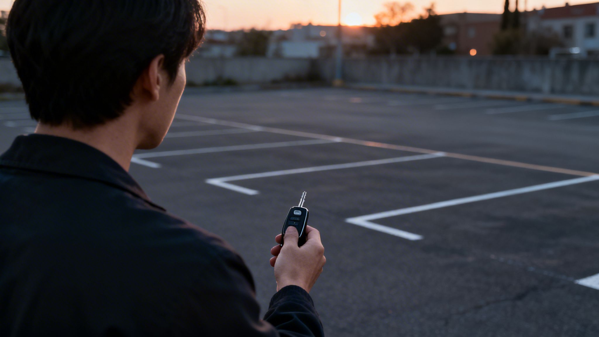 A person holding a car remote key, looking at an empty parking lot at sunset.