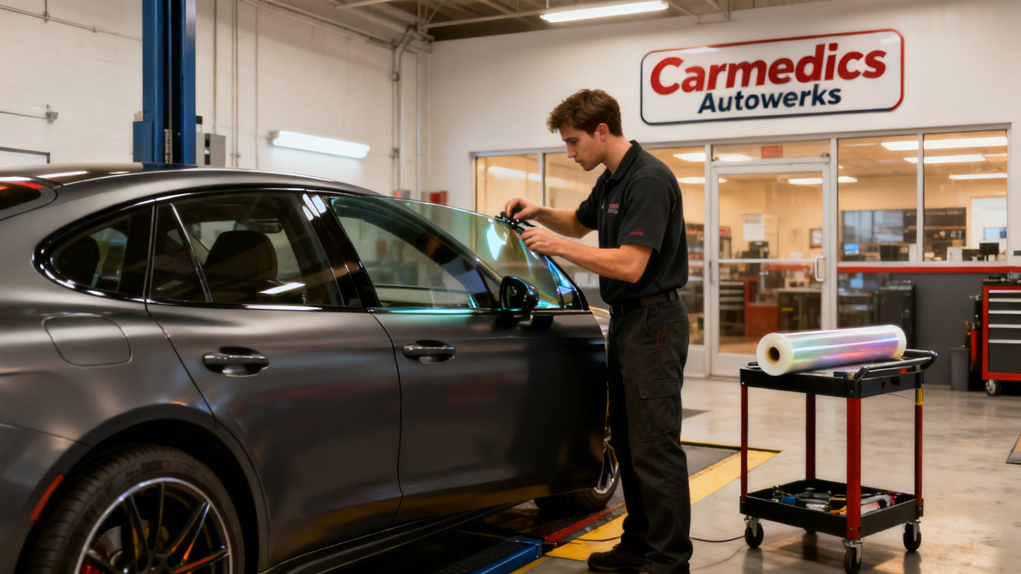 A technician applies window film to a dark gray car at Carmedics Autowerks.