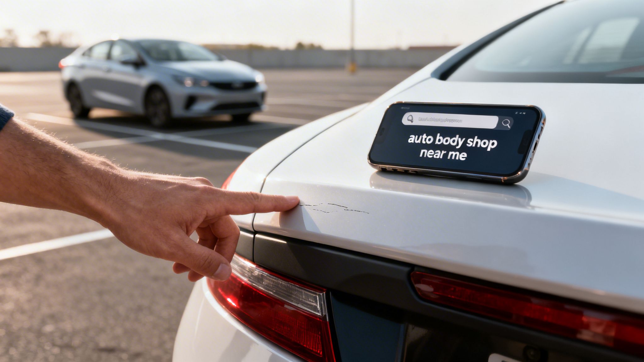 Hand pointing at a car scratch, with a smartphone displaying 'auto body shop near me'.