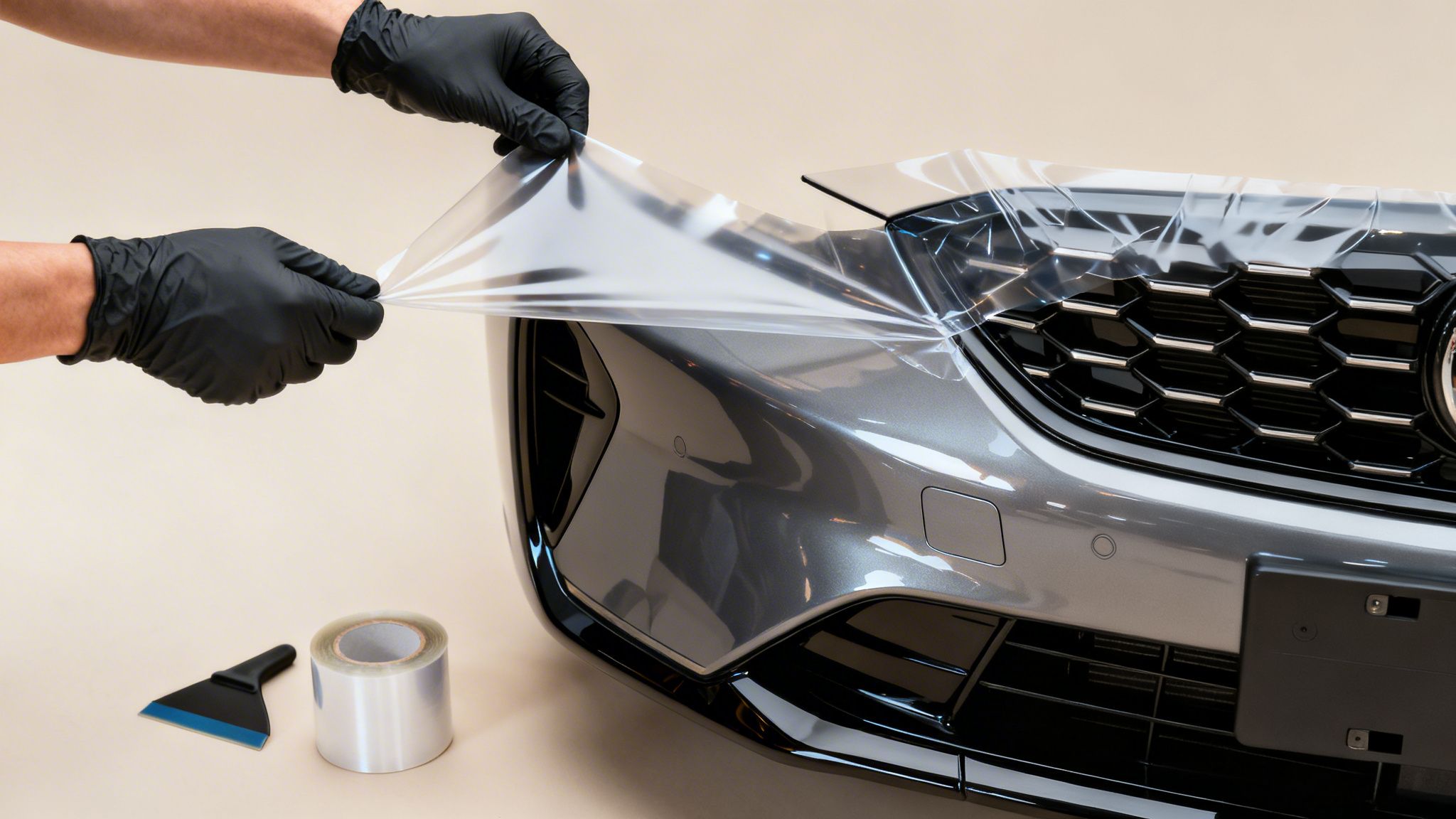 Hands in black gloves apply clear protective film to a gray car's front bumper and grille.