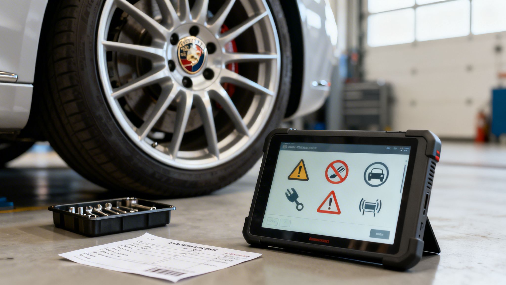 A car's wheel and a diagnostic tablet with warning symbols, tools, and a service report on a garage floor.