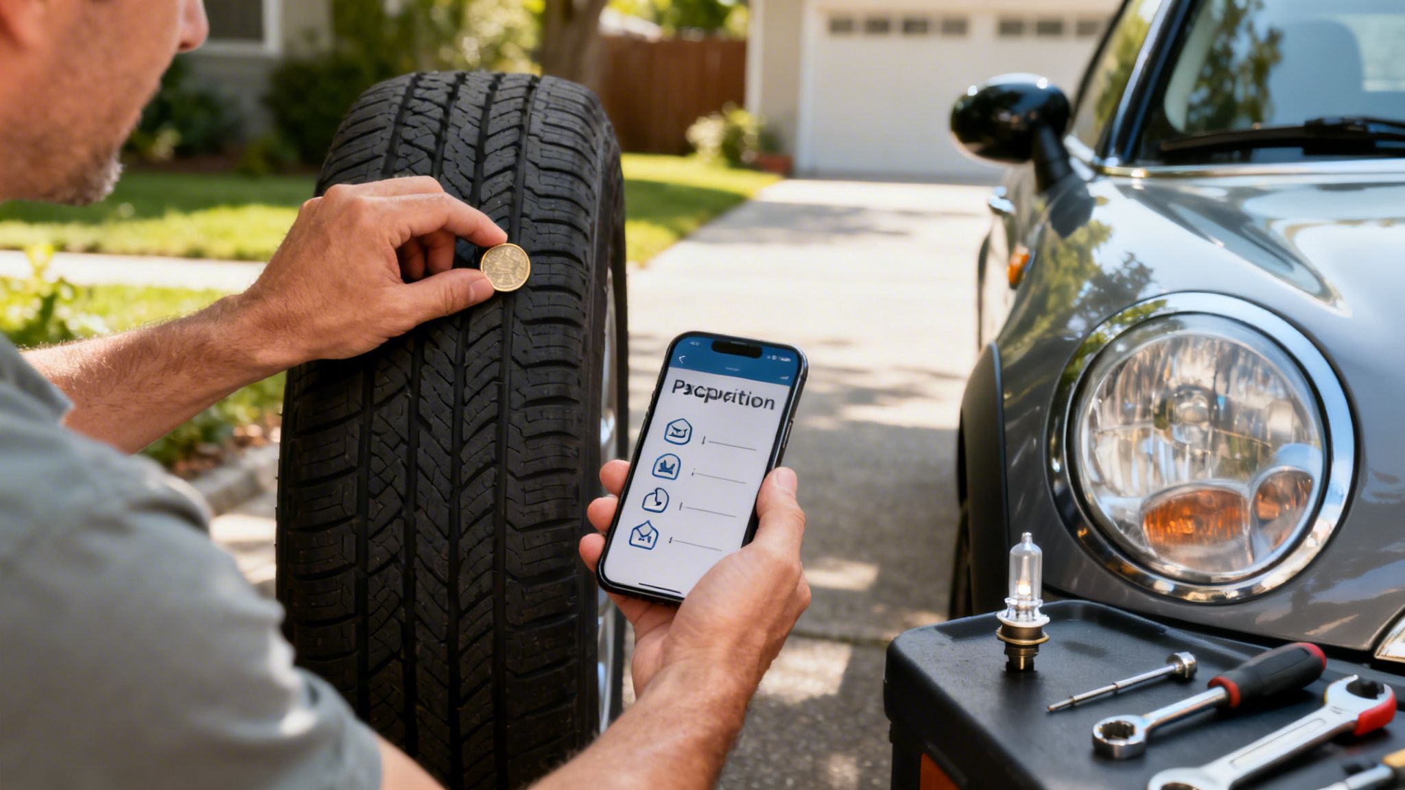 A person uses a coin to check tire tread depth, holding a smartphone with a car maintenance app.