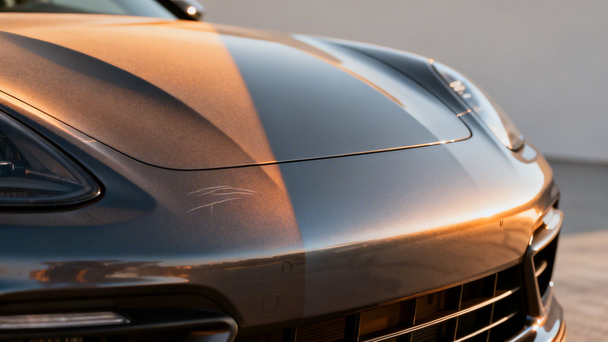 Detailed view of a car's metallic grey hood showing scratches under warm sunlight.