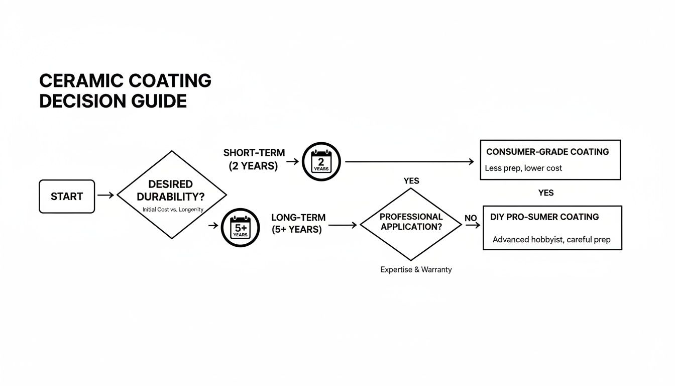 Flowchart illustrating a ceramic coating decision guide based on desired durability and application type.