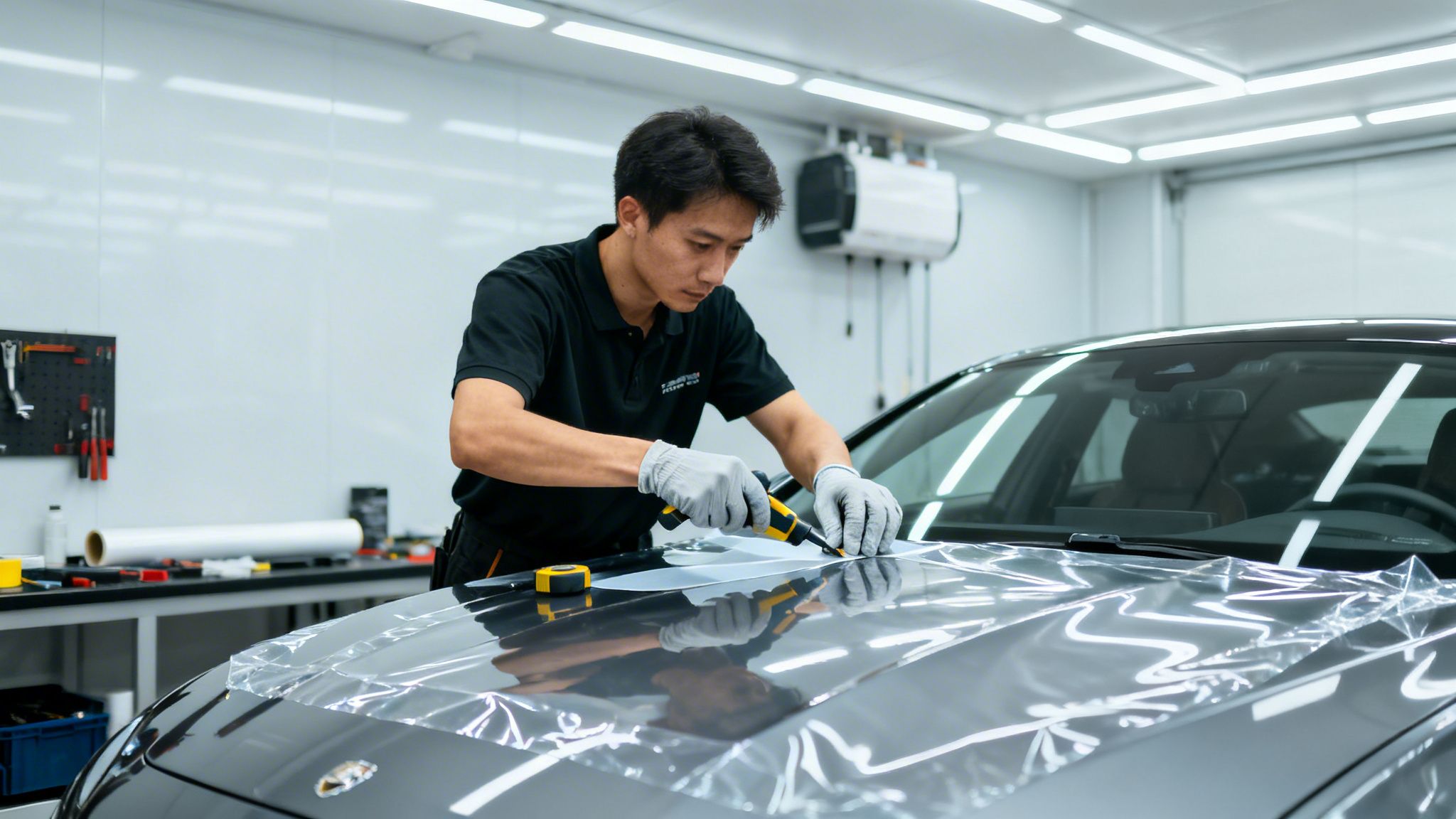 A skilled technician precisely cuts paint protection film on a dark gray car hood in a well-lit workshop.