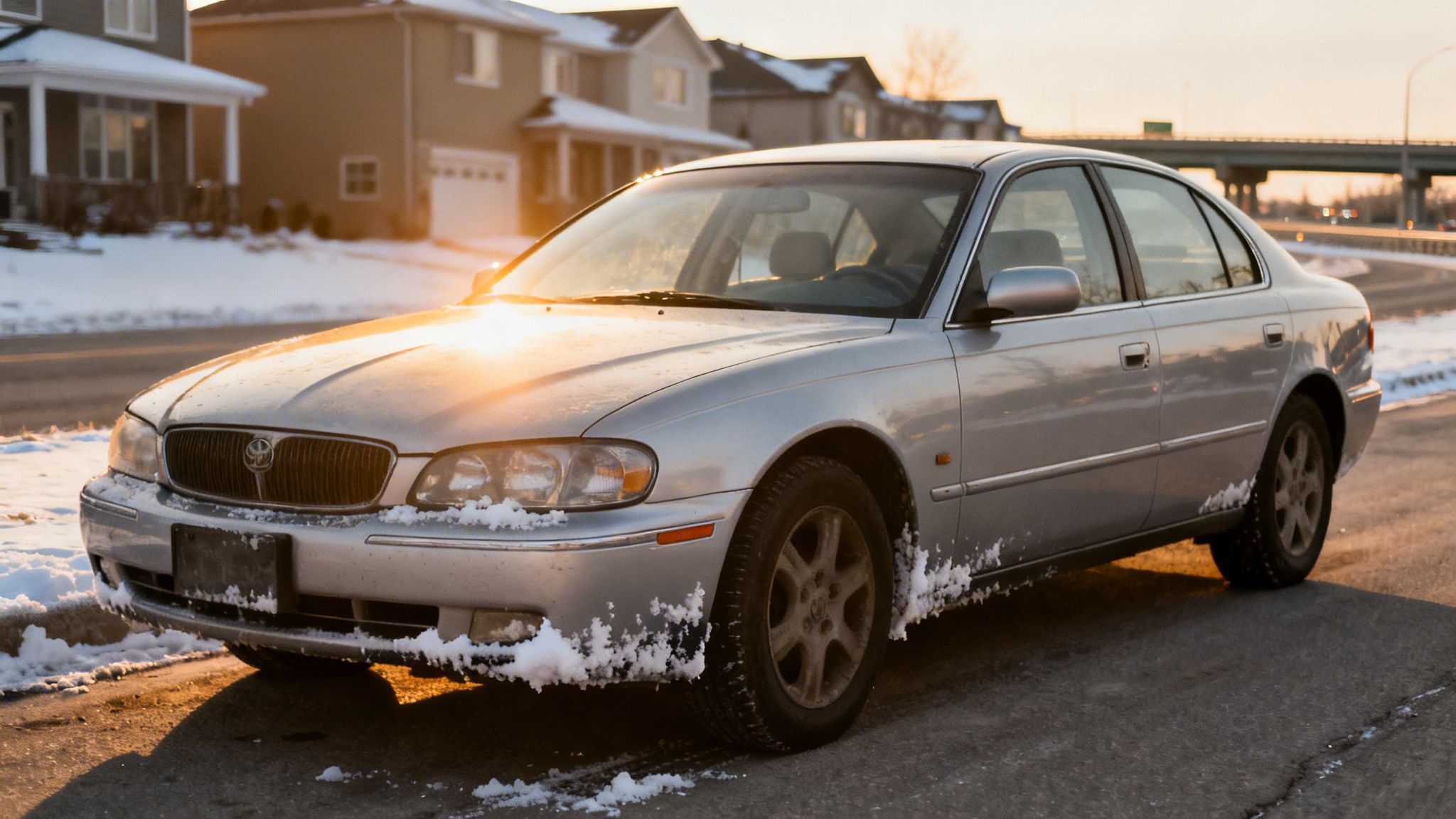 A silver sedan car is parked on a snow-dusted street in a residential area during a golden sunset.