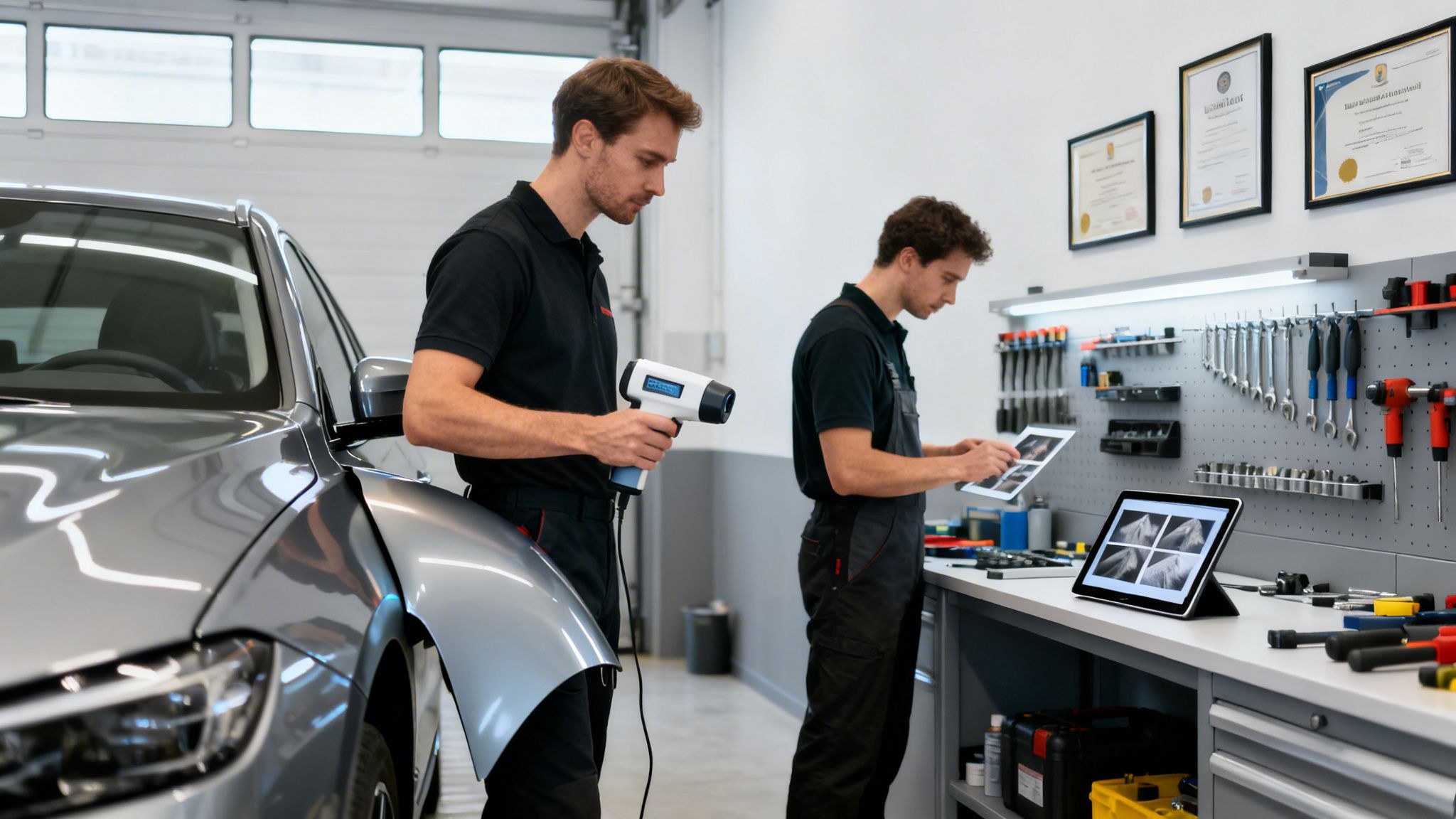 Two auto technicians inspect a car and tools in a modern repair shop.