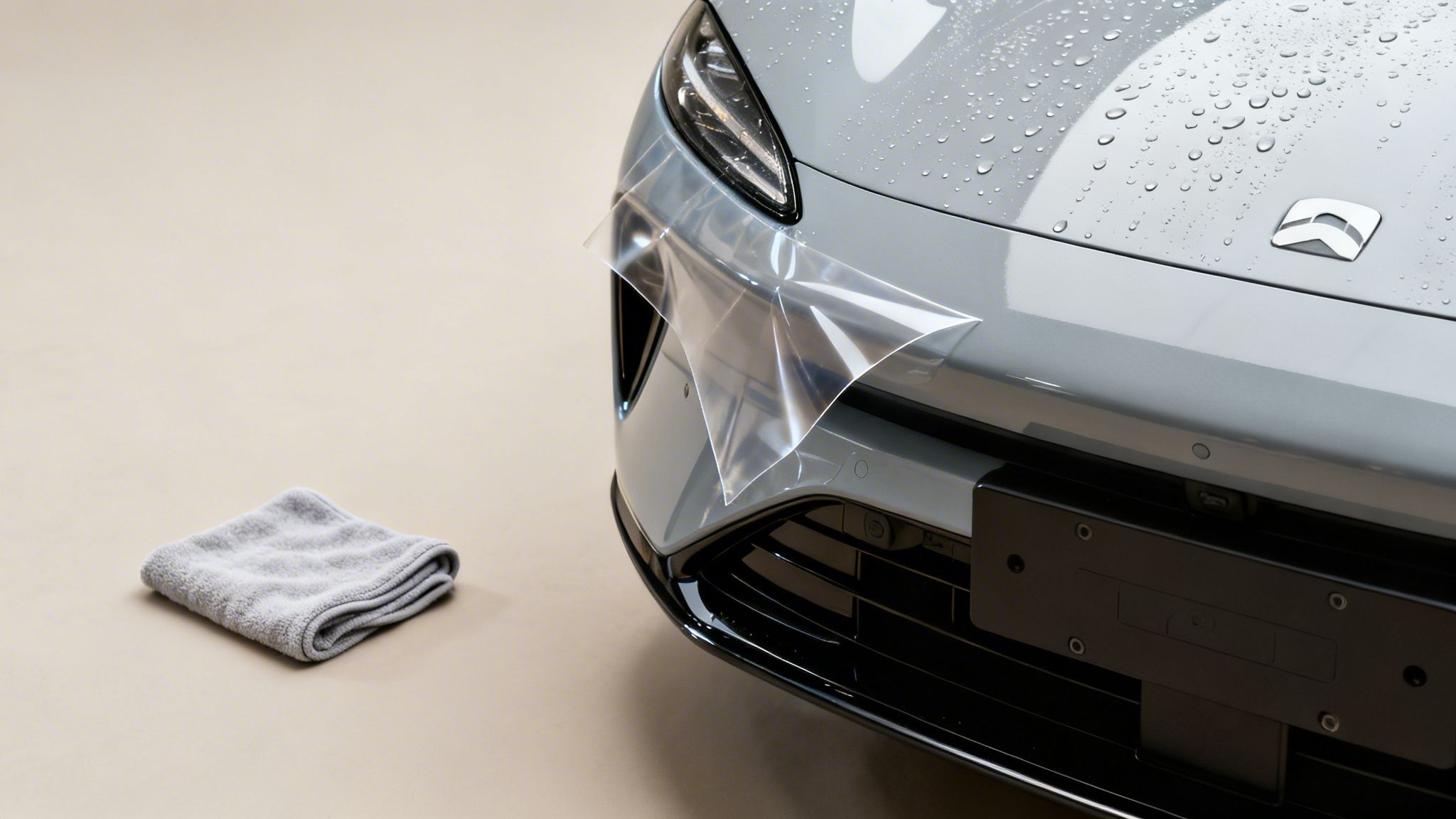 Close-up of a grey car receiving a clear protective film application, with water droplets and a towel.