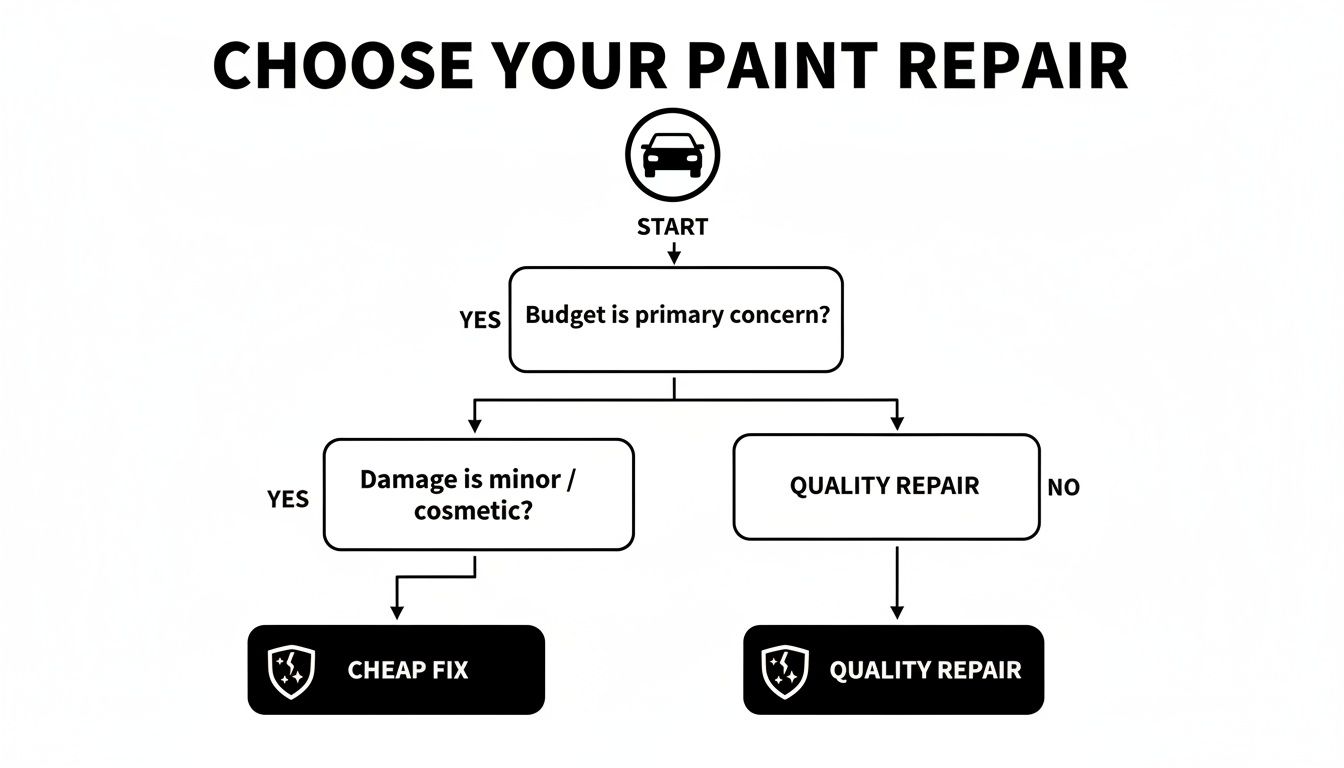 Flowchart guiding users on choosing between cheap fix or quality repair for automotive paint.
