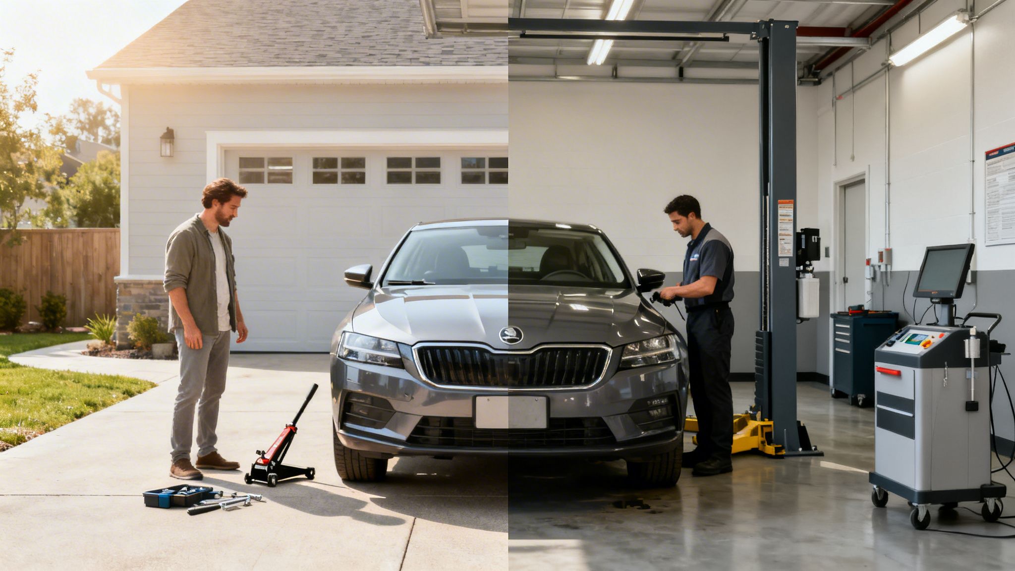 A split image shows DIY car repair at home versus professional automotive service in a garage.
