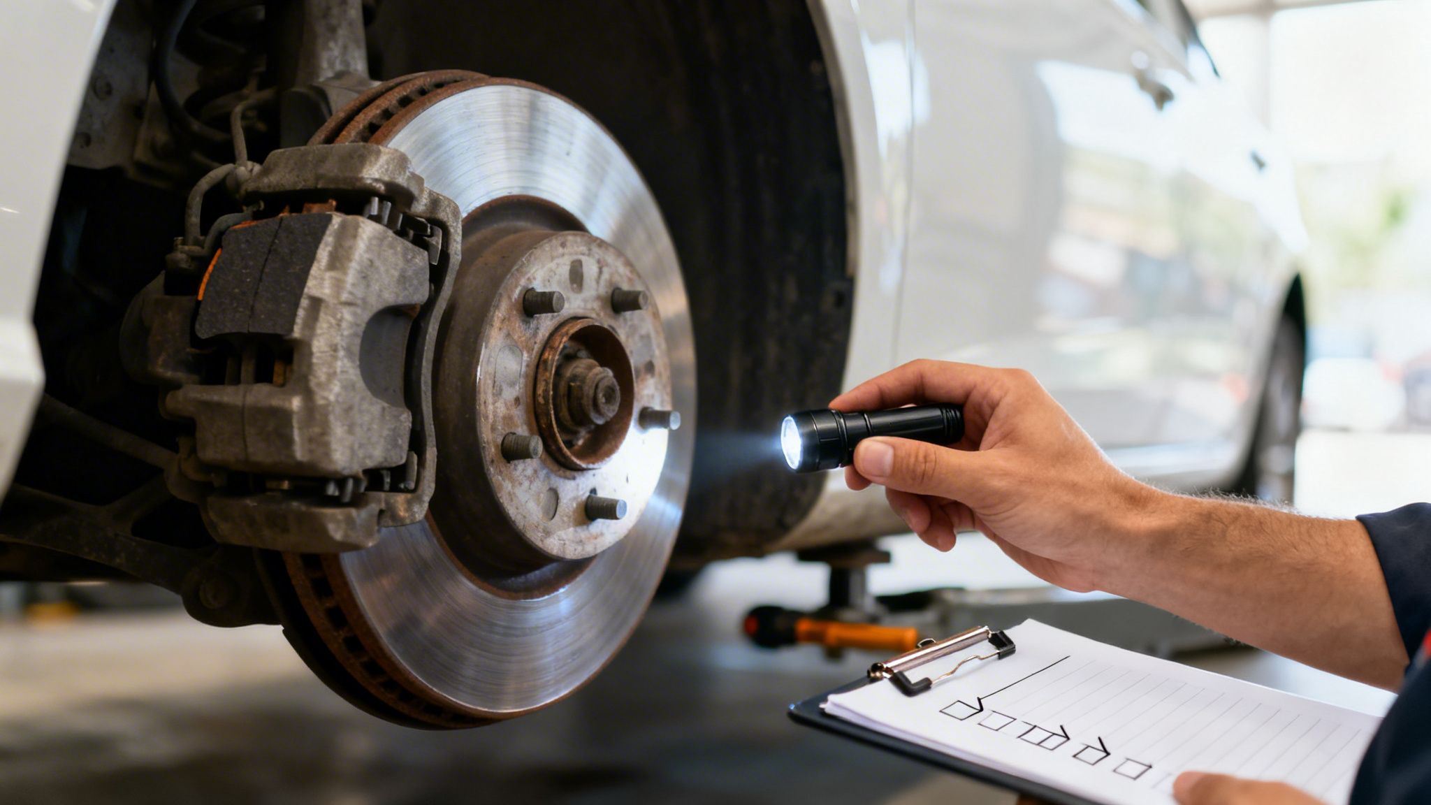 Auto mechanic checking a car's exposed disc brake components during a vehicle inspection with a flashlight.