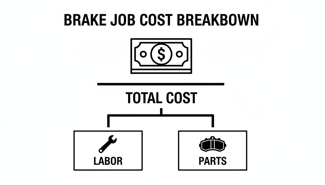 A black and white infographic showing the breakdown of brake job costs into labor and parts.