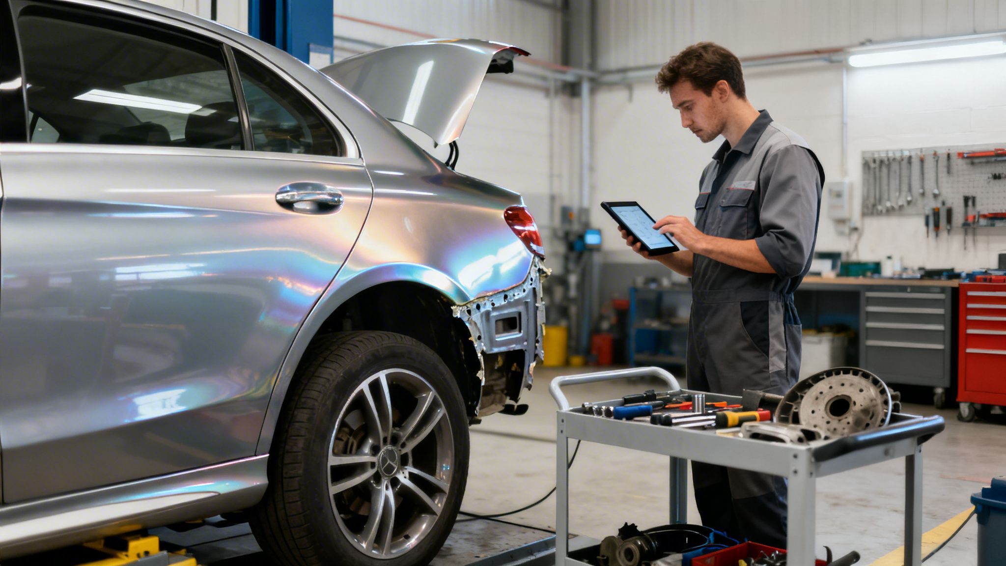 Carmedics Autowerks Whitby Your Complete Service Guide 2 A mechanic in a garage uses a tablet to inspect a silver car with its rear bumper removed.