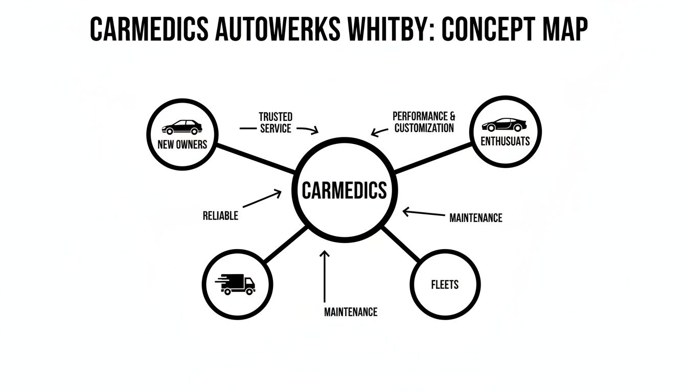 Carmedics Autowerks Whitby Your Complete Service Guide 1 Concept map for Carmedics Autowerks Whitby, highlighting services for new owners, enthusiasts, and fleets.
