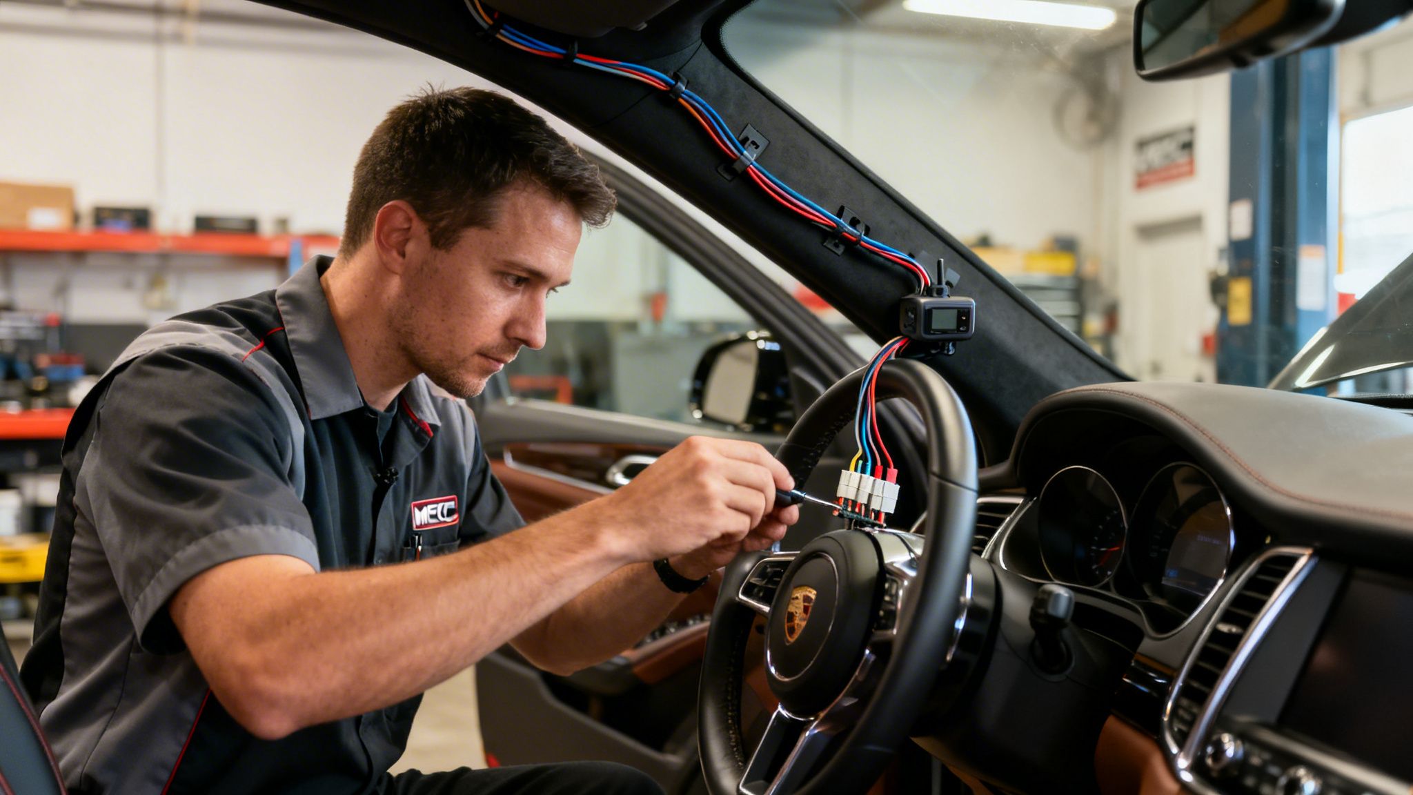 A skilled technician carefully installs wiring for a dash camera system in a luxury car.