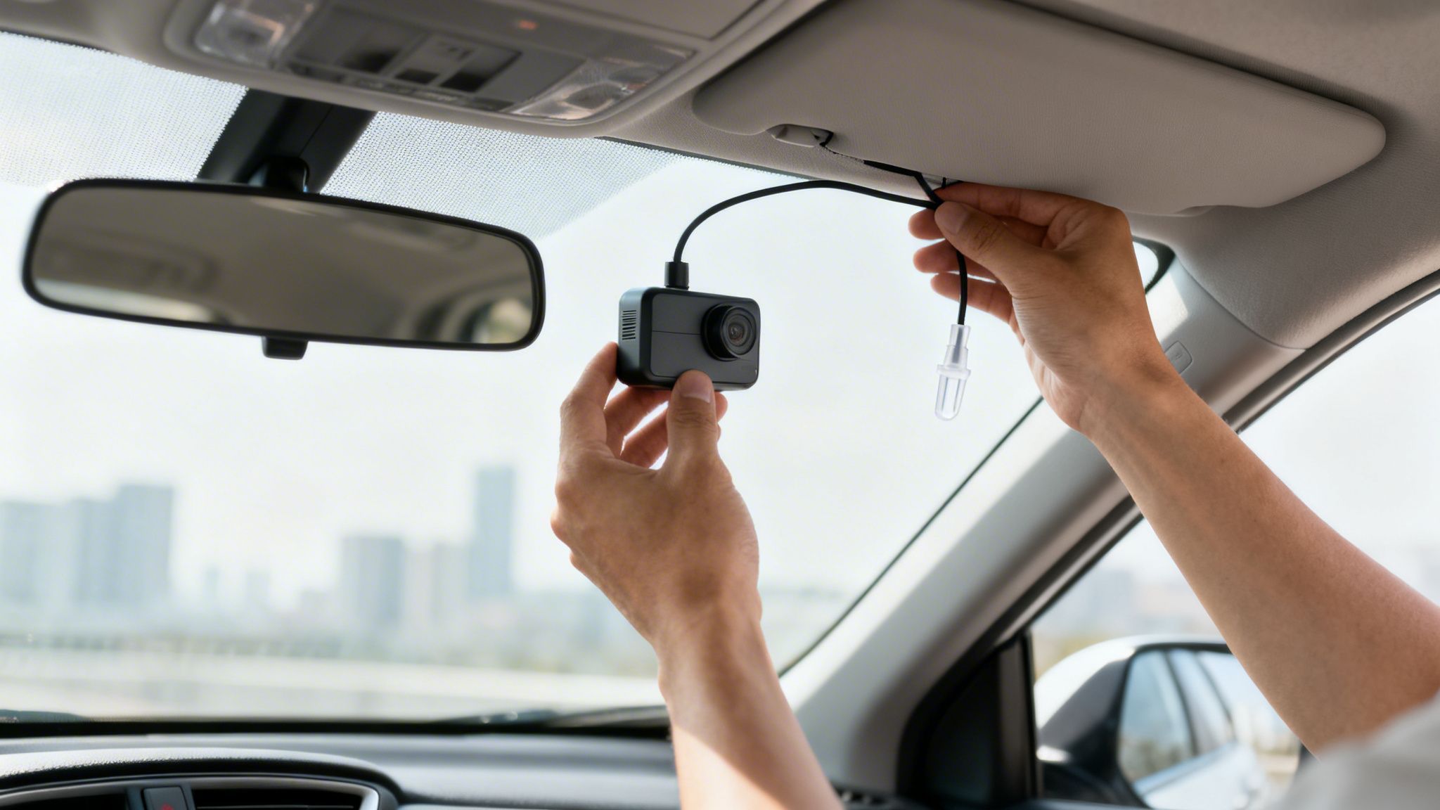 Hands installing a black dash camera and routing its cable in a car near the rearview mirror.