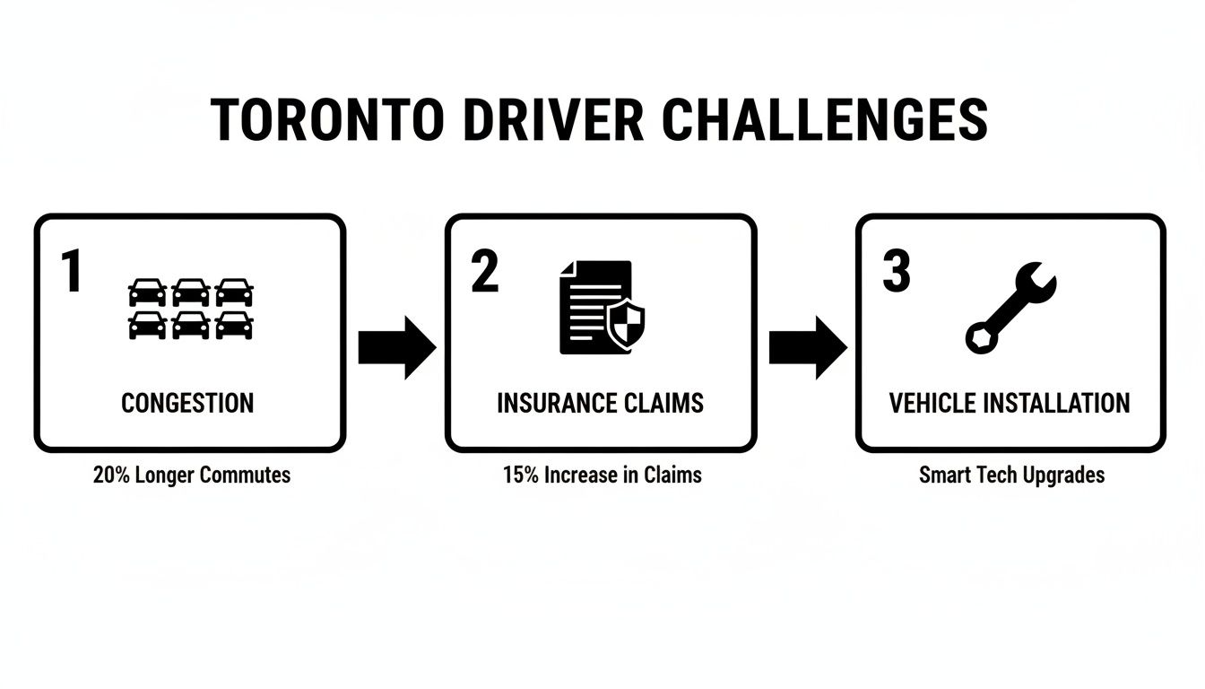 Infographic showing Toronto driver challenges: congestion, rising insurance claims, and vehicle tech installation.