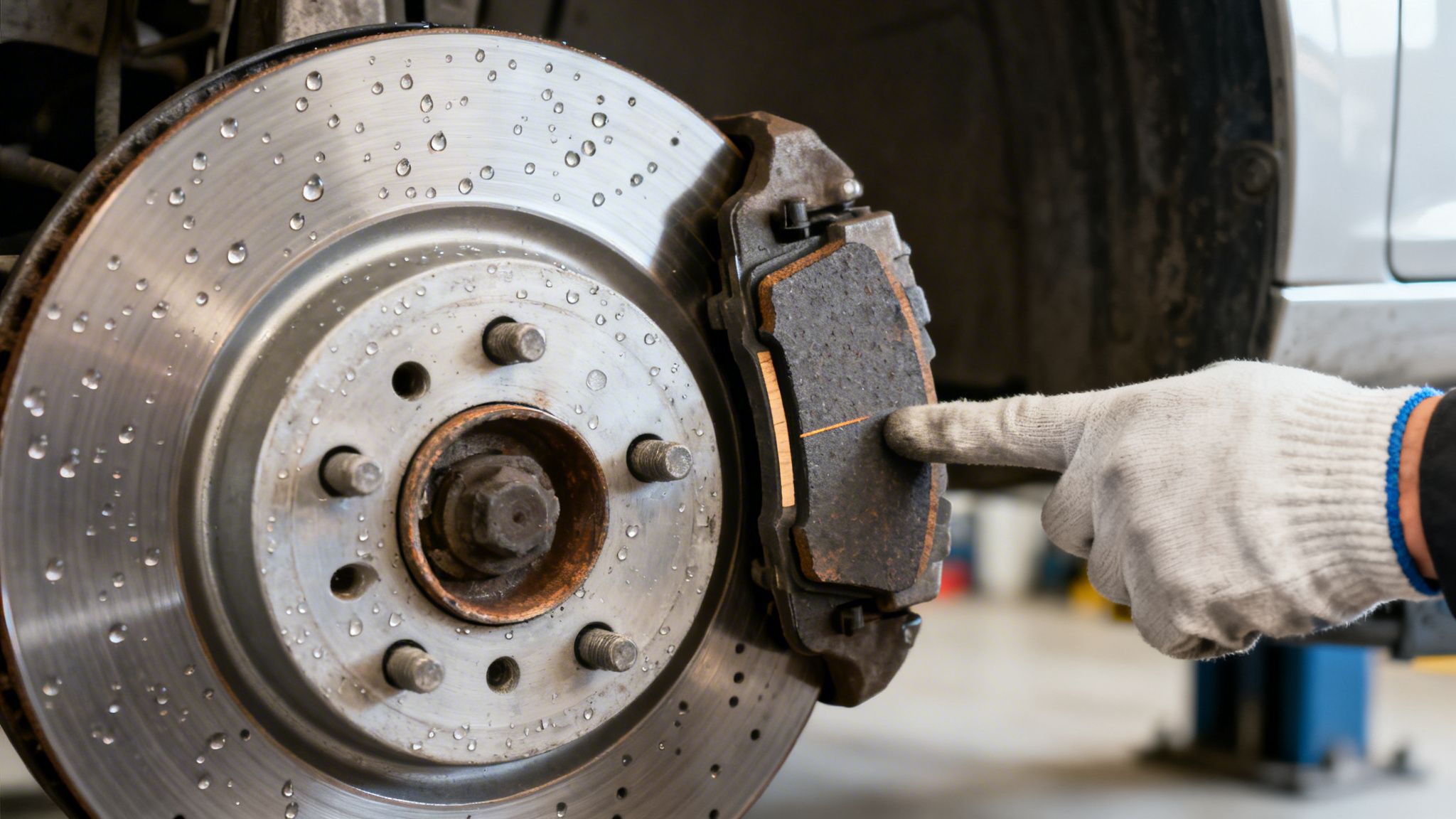 Mechanic's gloved hand pointing at a worn car brake pad and disc with water droplets during inspection.
