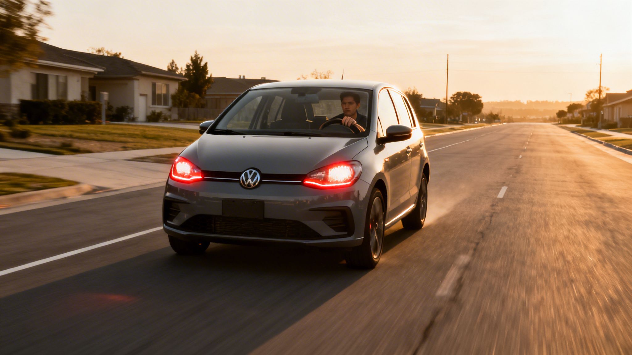 A grey Volkswagen car with bright red headlights is driven by a man on a suburban street at golden hour.