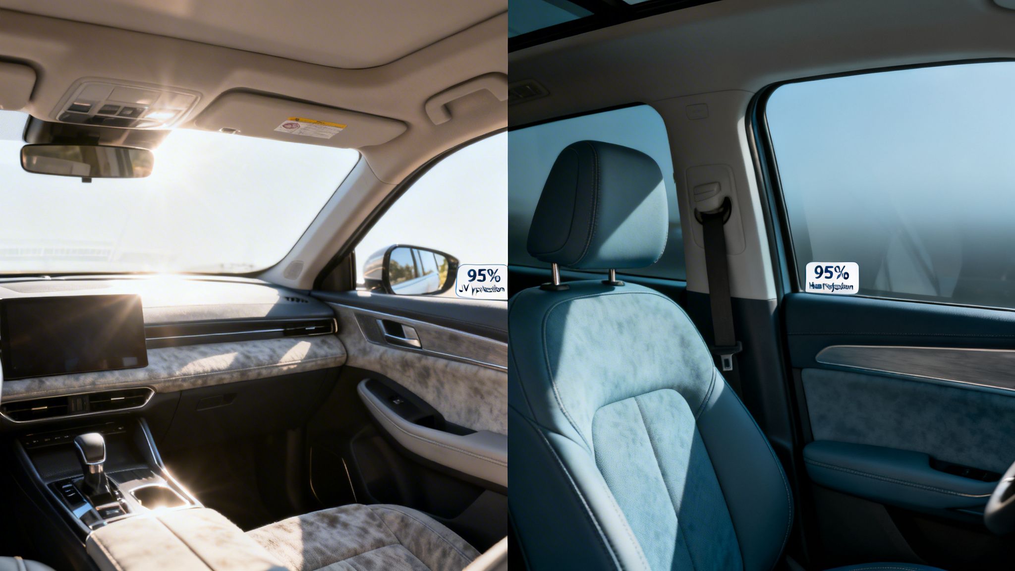Side-by-side comparison of a car interior before and after window tinting, showing bright sun versus cooler, shaded comfort.