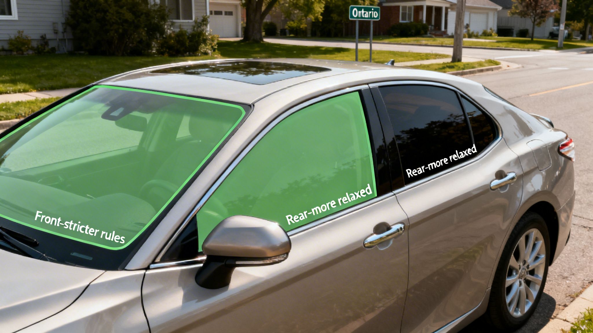 A car demonstrating window tinting regulations, showing stricter rules for front windows and more relaxed rules for rear windows in Ontario.