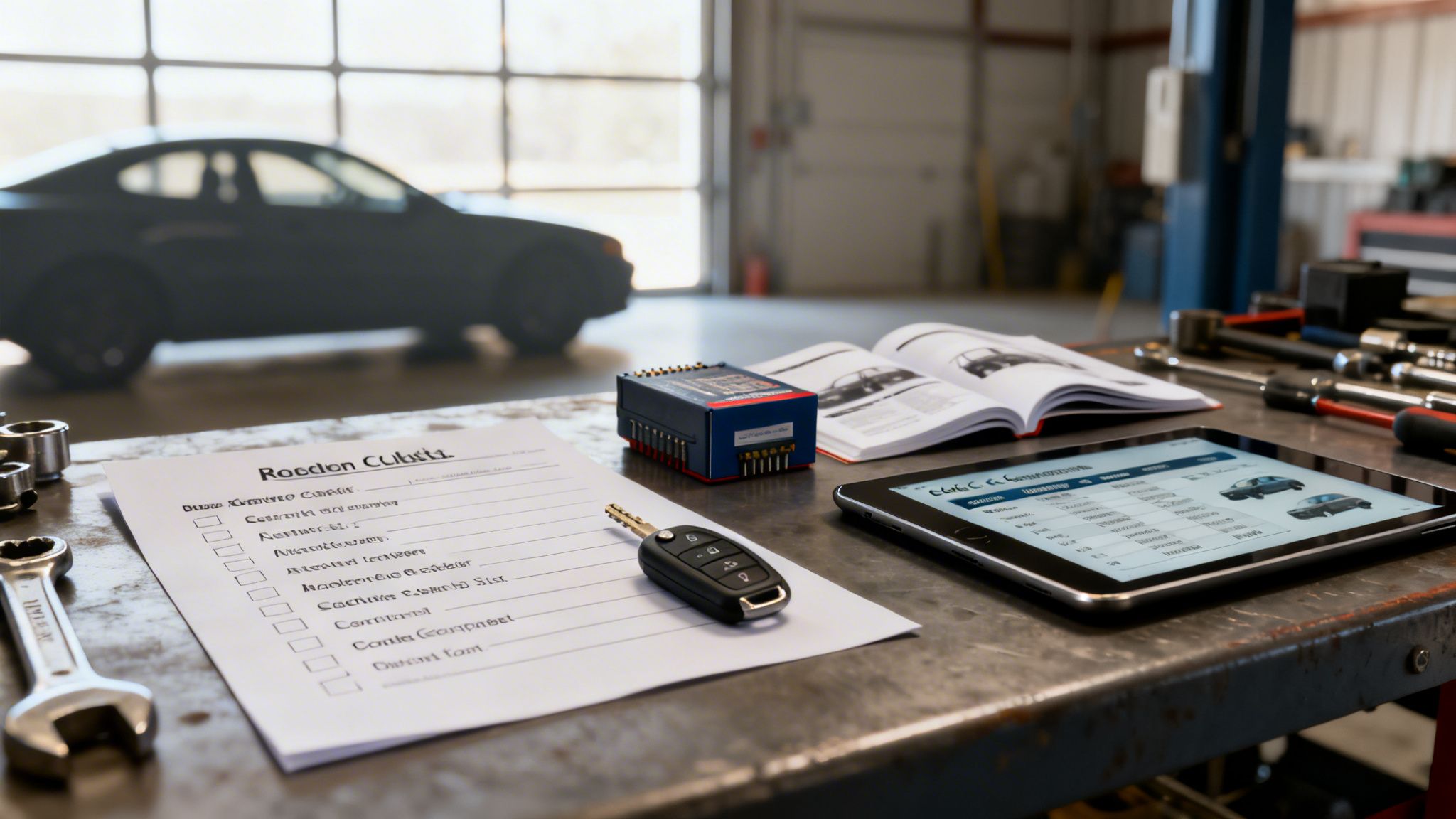 Remote Starter Installation How To: Complete DIY Guide 1 A car key, checklist, and tablet on a mechanic's workbench with a car in the background.