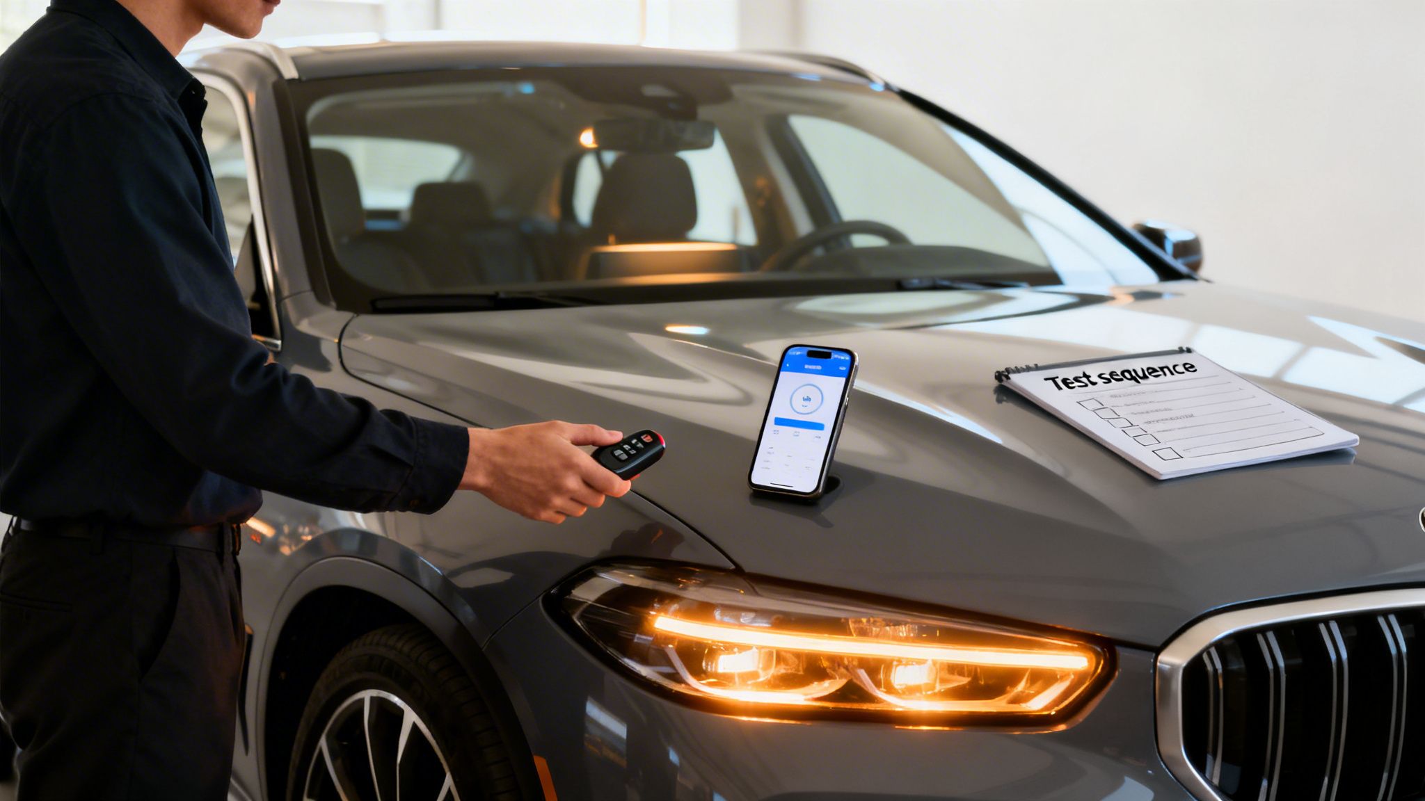 Remote Starter Installation How To: Complete DIY Guide 3 Person testing a car's remote features with a key fob and smartphone app, with a checklist on the hood.