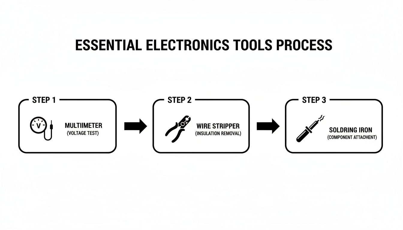 Remote Starter Installation How To: Complete DIY Guide 2 Diagram illustrating essential electronics tools process: multimeter, wire stripper, and soldering iron, with their functions.