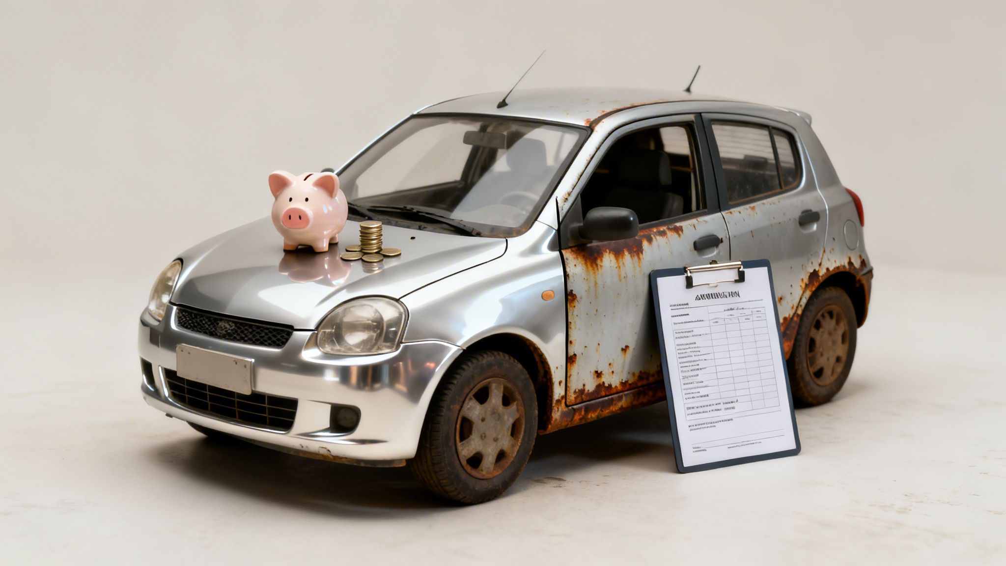 Understanding Rust Proofing Costs for Your Vehicle in 2026 3 A model car, half shiny and half rusted, with a piggy bank, coins, and a checklist for car repair.