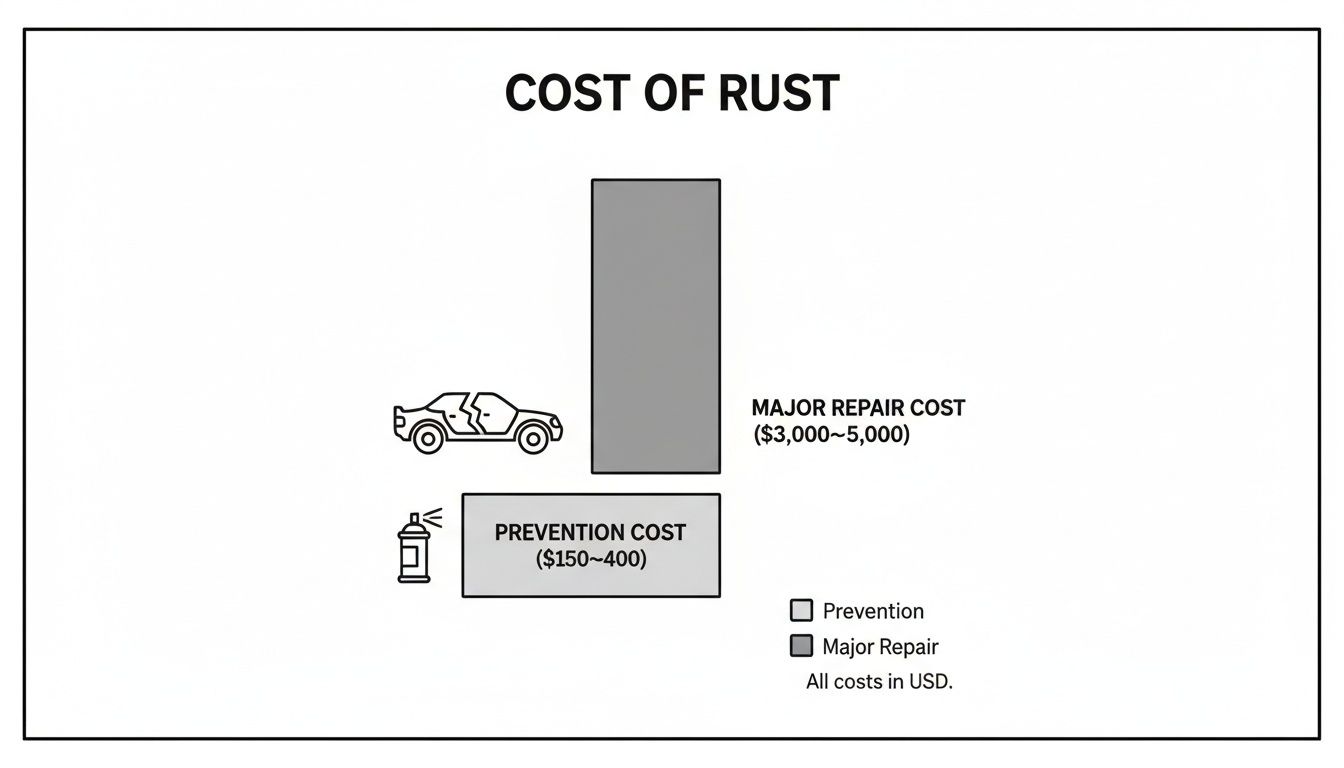 Understanding Rust Proofing Costs for Your Vehicle in 2026 1 Bar chart comparing the low cost of rust prevention ($150-$400) to the high cost of major rust repair ($3,000-$5,000) for a car.