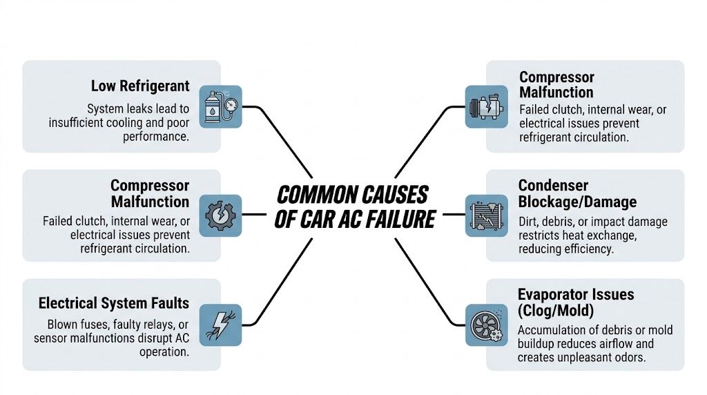 Stay Cool: Air Conditioning Repair Whitby Ontario Done Right 2 An infographic showing common reasons for car air conditioning failure including refrigerant leaks and electrical system faults.