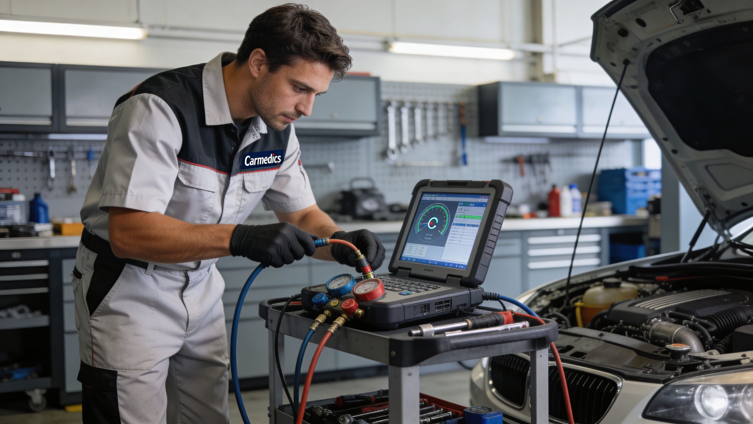Stay Cool: Air Conditioning Repair Whitby Ontario Done Right 3 A professional automotive technician performing an air conditioning system check on a car in a modern workshop.