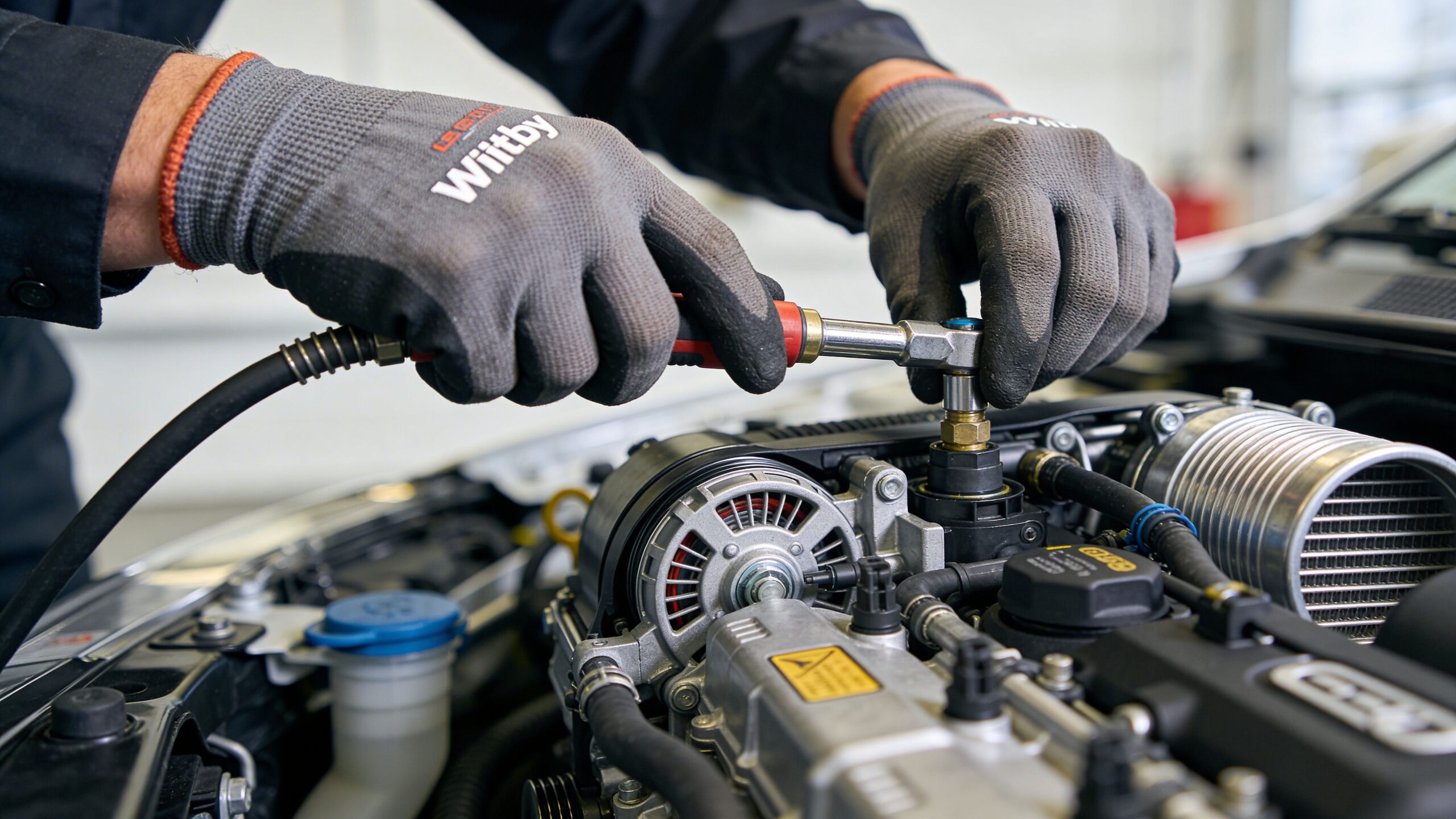 Stay Cool: Air Conditioning Repair Whitby Ontario Done Right 4 A professional mechanic wearing work gloves using specialized tools to perform air conditioning repair on a car engine.