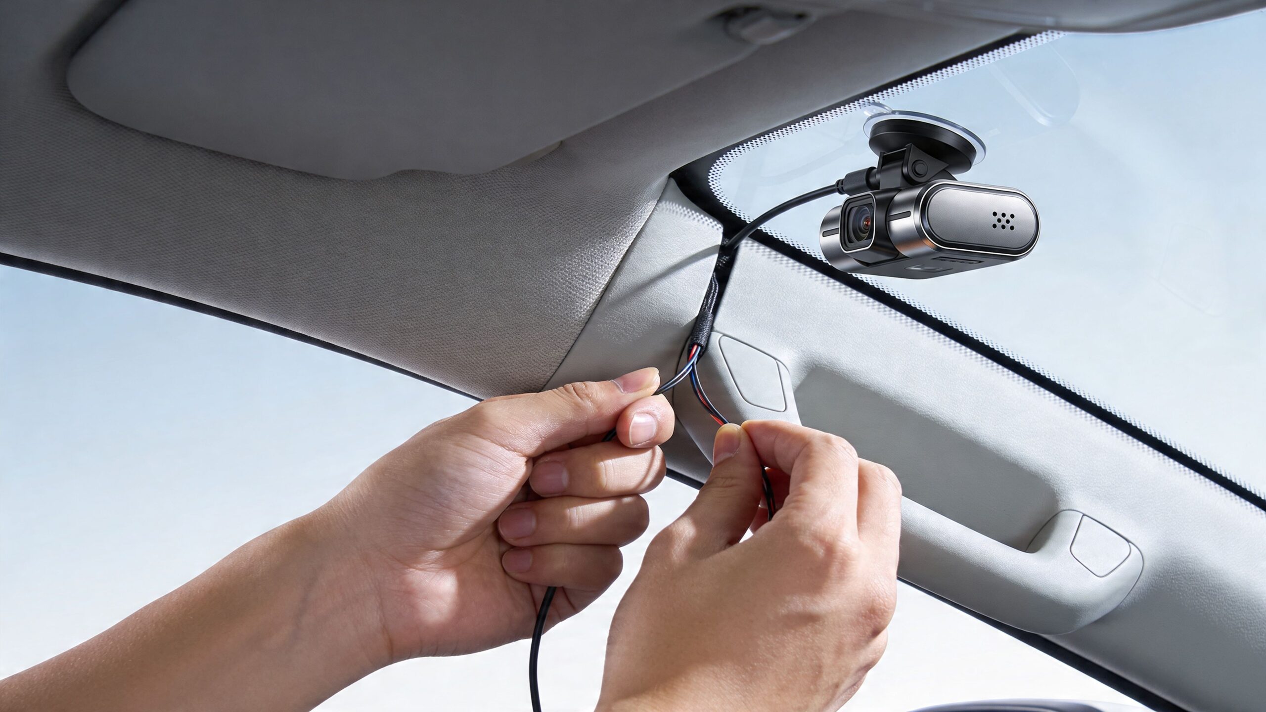 Auto Camera Installation: A Pro's DIY How-To Guide 3 A person installs a dash cam on the windshield of a car by tucking wires into the trim.