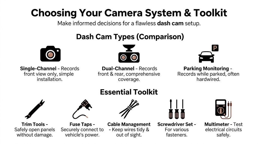 Auto Camera Installation: A Pro's DIY How-To Guide 2 An infographic comparing different dash cam types and listing essential tools for vehicle camera system installation.