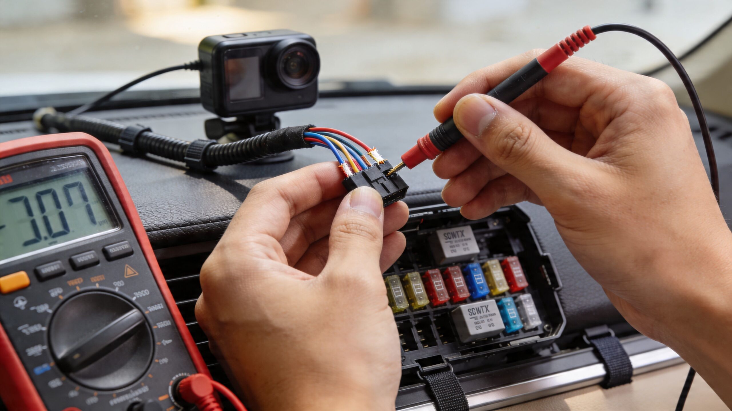 Auto Camera Installation: A Pro's DIY How-To Guide 4 A technician testing the electrical wiring of a dashboard-mounted car camera using a digital multimeter.