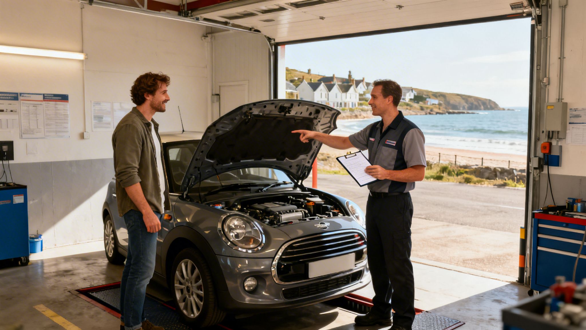 A car mechanic points at an open Mini Cooper engine, explaining something to a customer in a garage overlooking a scenic beach.