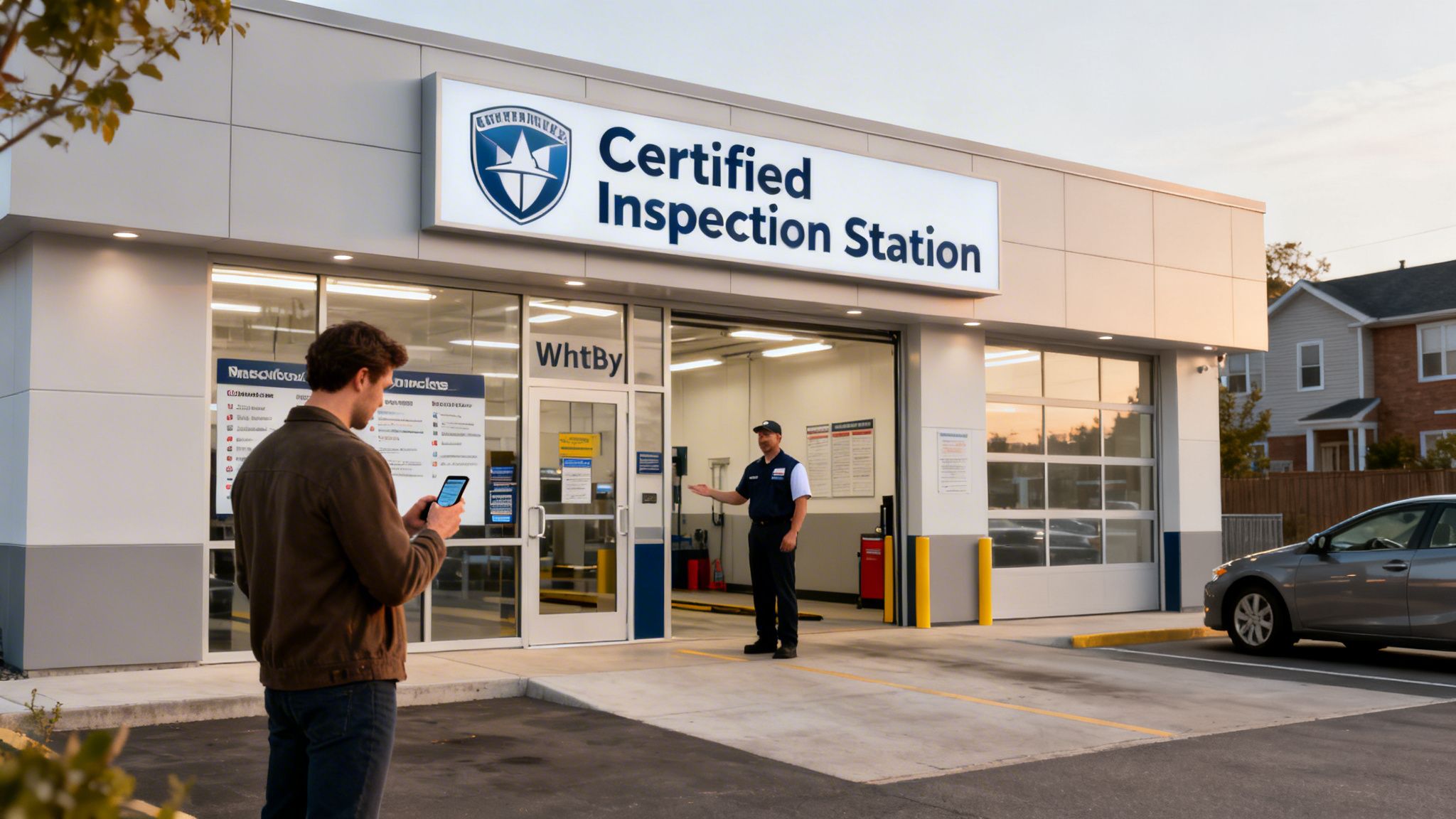 A man uses his phone outside a 'Certified Inspection Station' while an attendant welcomes him.
