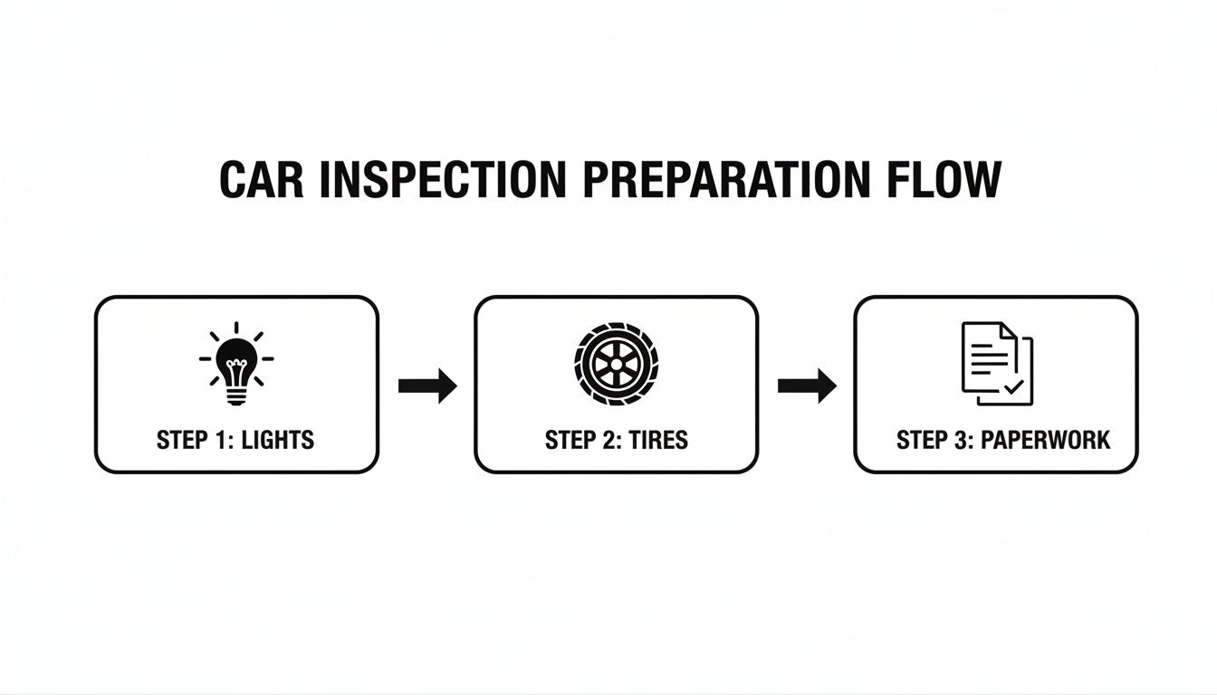 A flowchart outlining three essential steps for car inspection preparation: lights, tires, and paperwork.