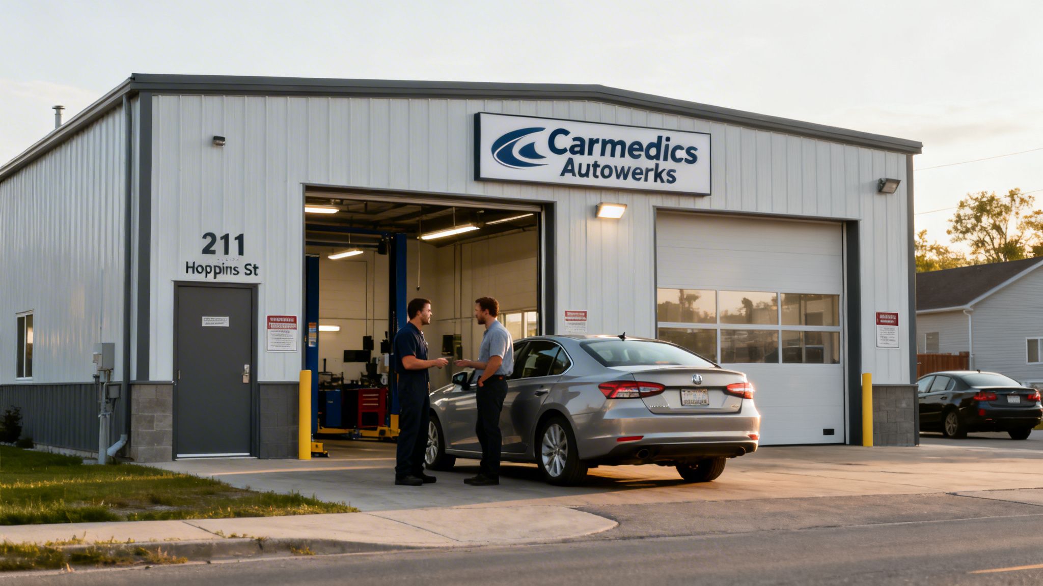 Two men discuss a silver car in front of Carmedics Autowerks auto repair shop.