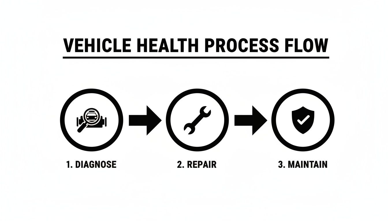 Flowchart showing vehicle health process: diagnose, repair, and maintain, with corresponding icons.