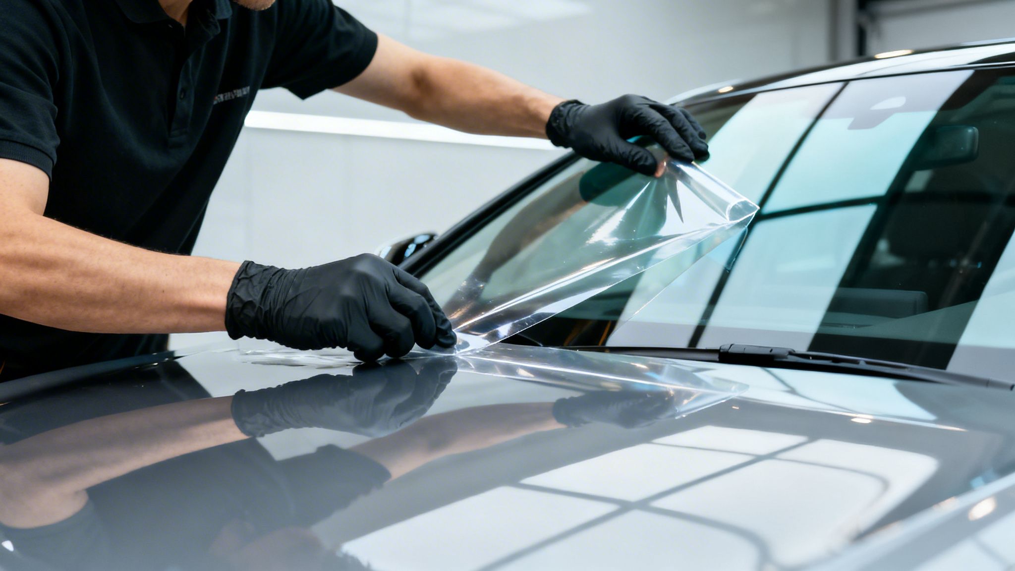 Technician in black gloves meticulously applies clear protective film onto a grey car's windshield.
