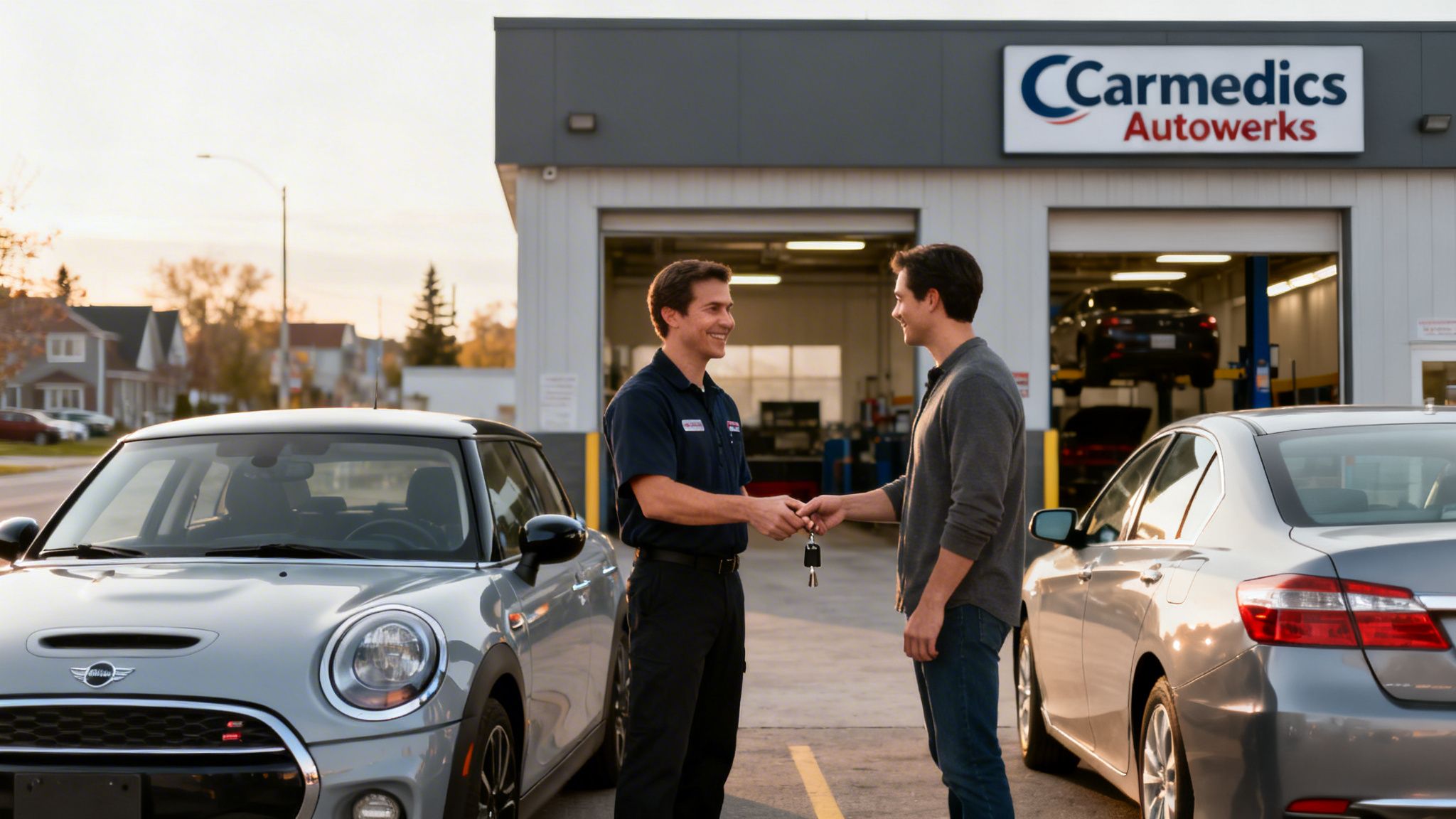 A smiling mechanic hands car keys to a satisfied customer at an auto repair shop.