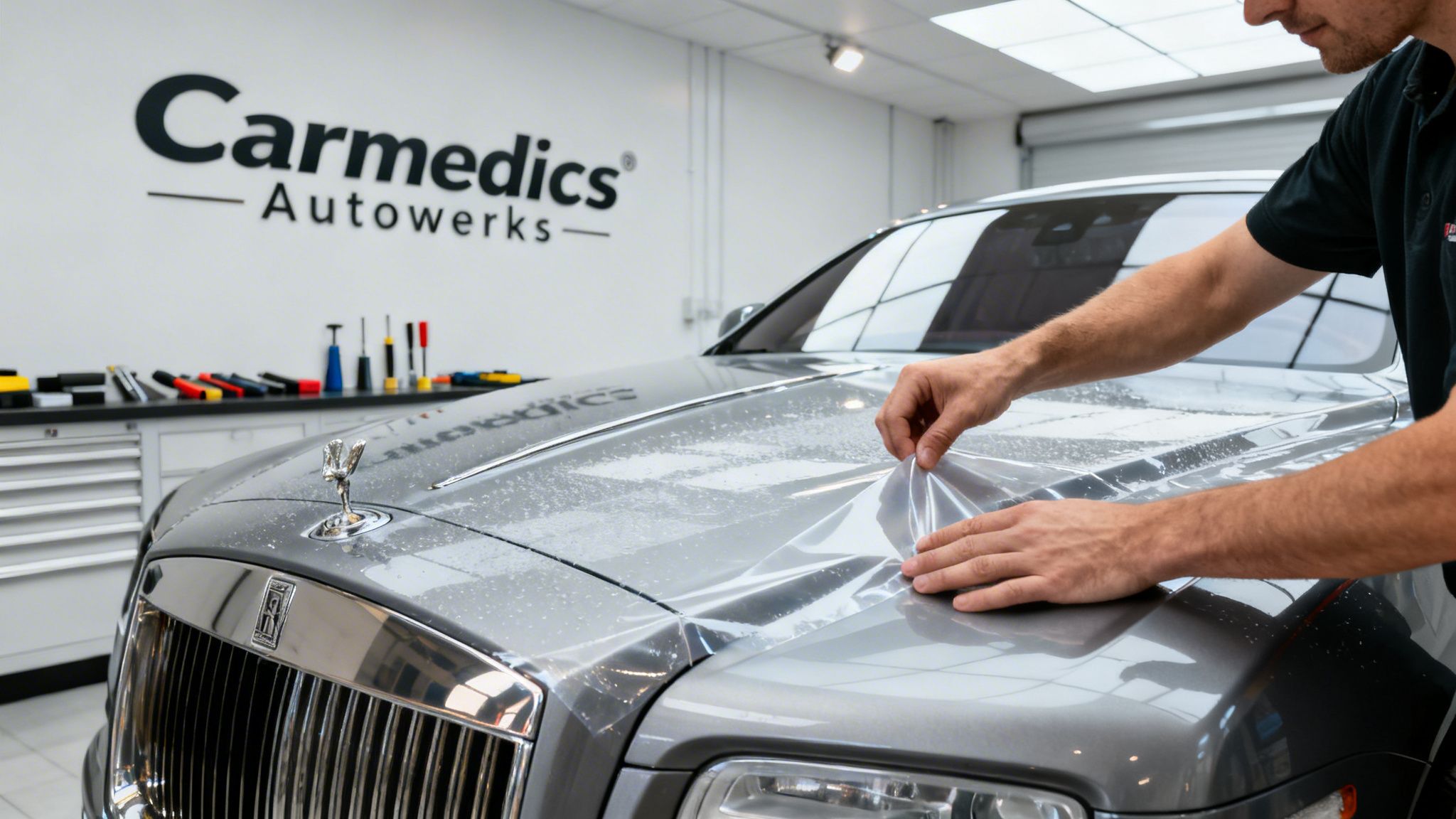 A technician applies clear protective film to the hood of a luxury car in an auto shop.