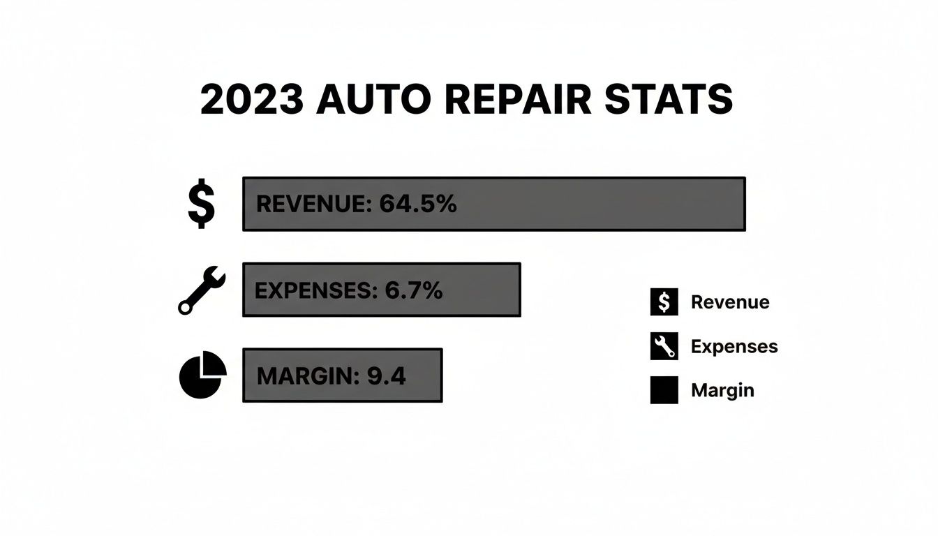 Bar chart displaying 2023 auto repair financial stats: revenue 64.5%, expenses 6.7%, and margin 9.4%.