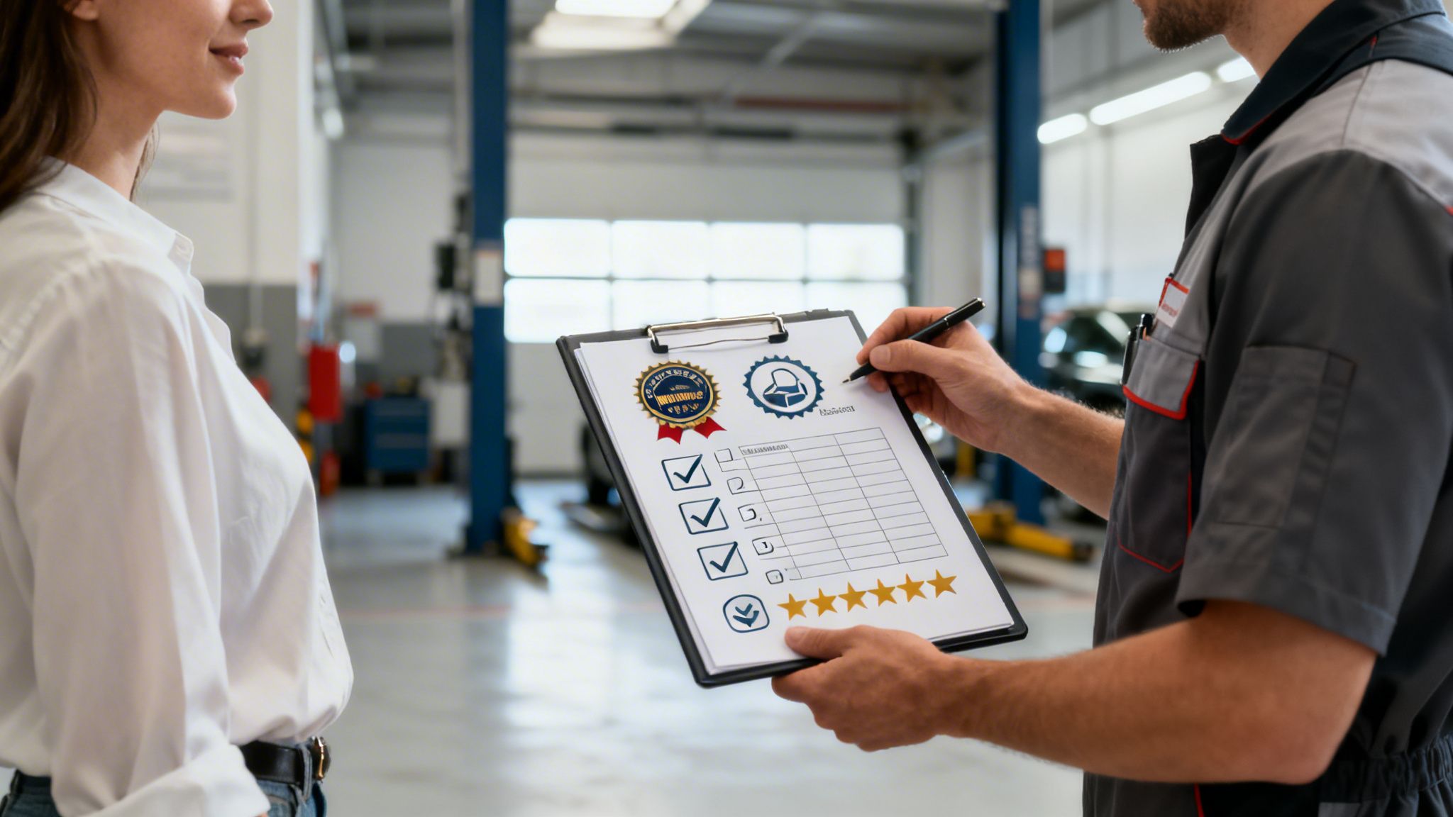 A mechanic presents a quality service checklist and customer feedback form to a woman in an auto repair shop.