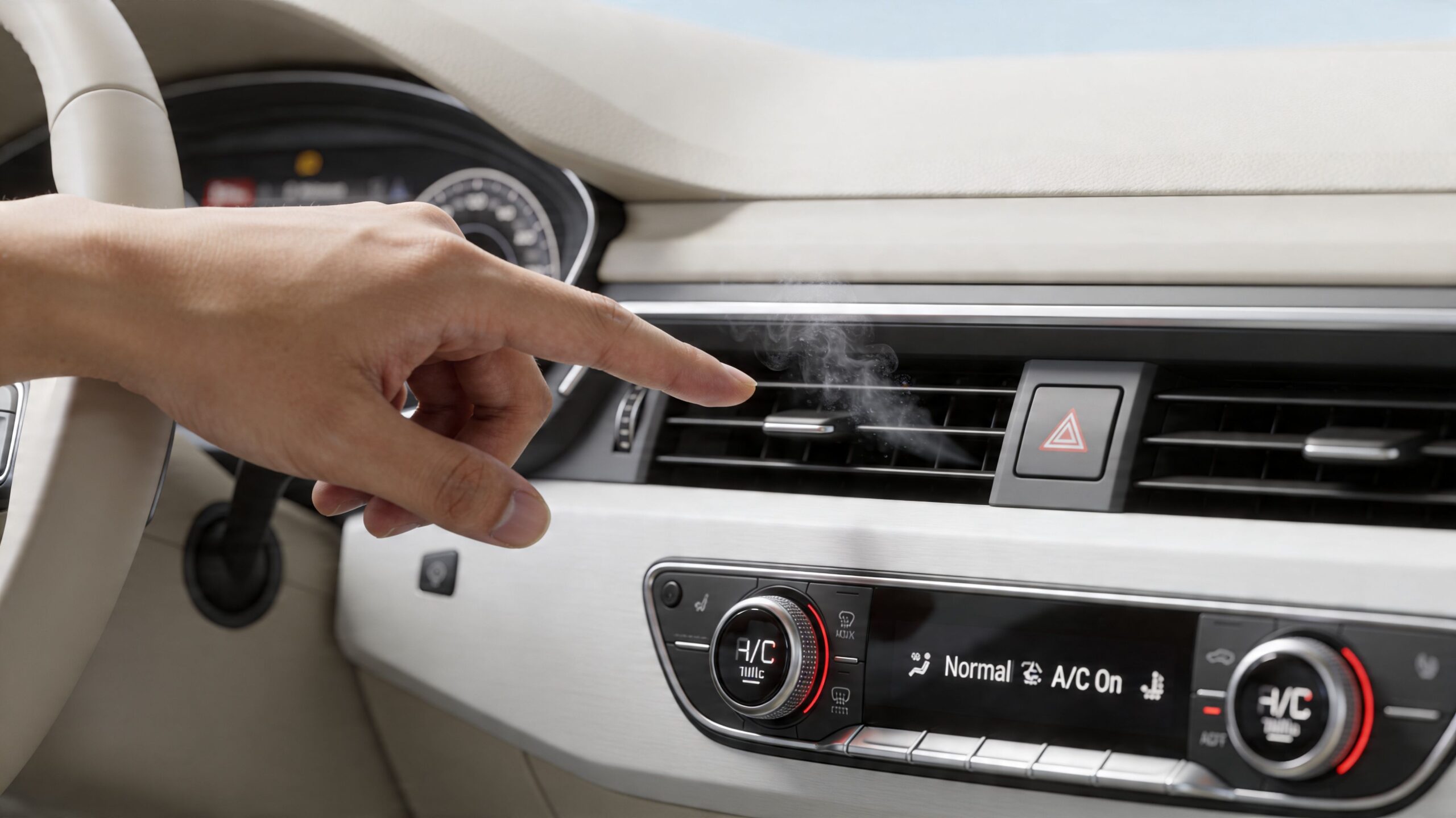 A hand pointing toward smoke billowing from a car air conditioning vent on the dashboard.