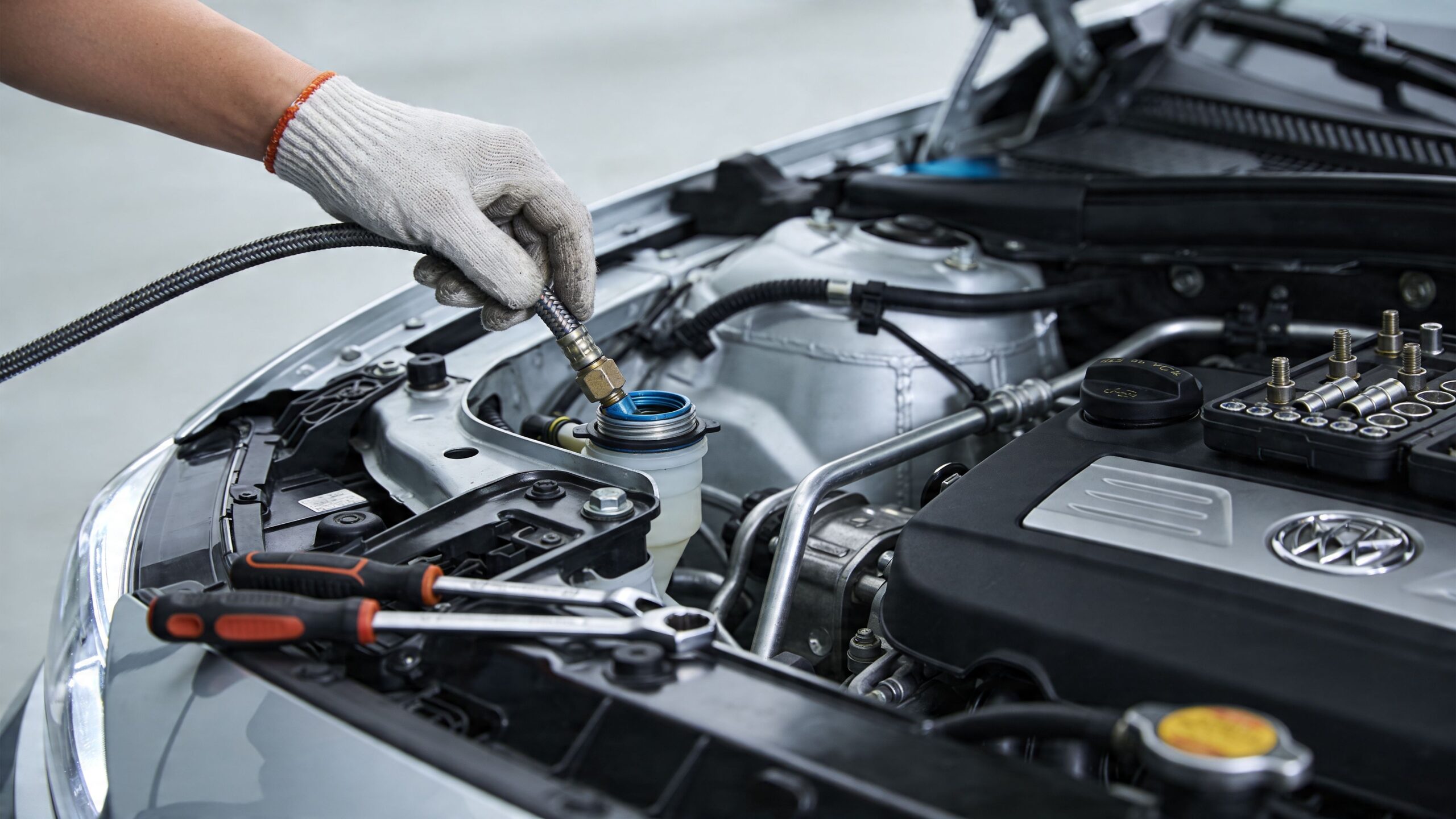 A mechanic wearing gloves uses a hose to add refrigerant to a car air conditioning system