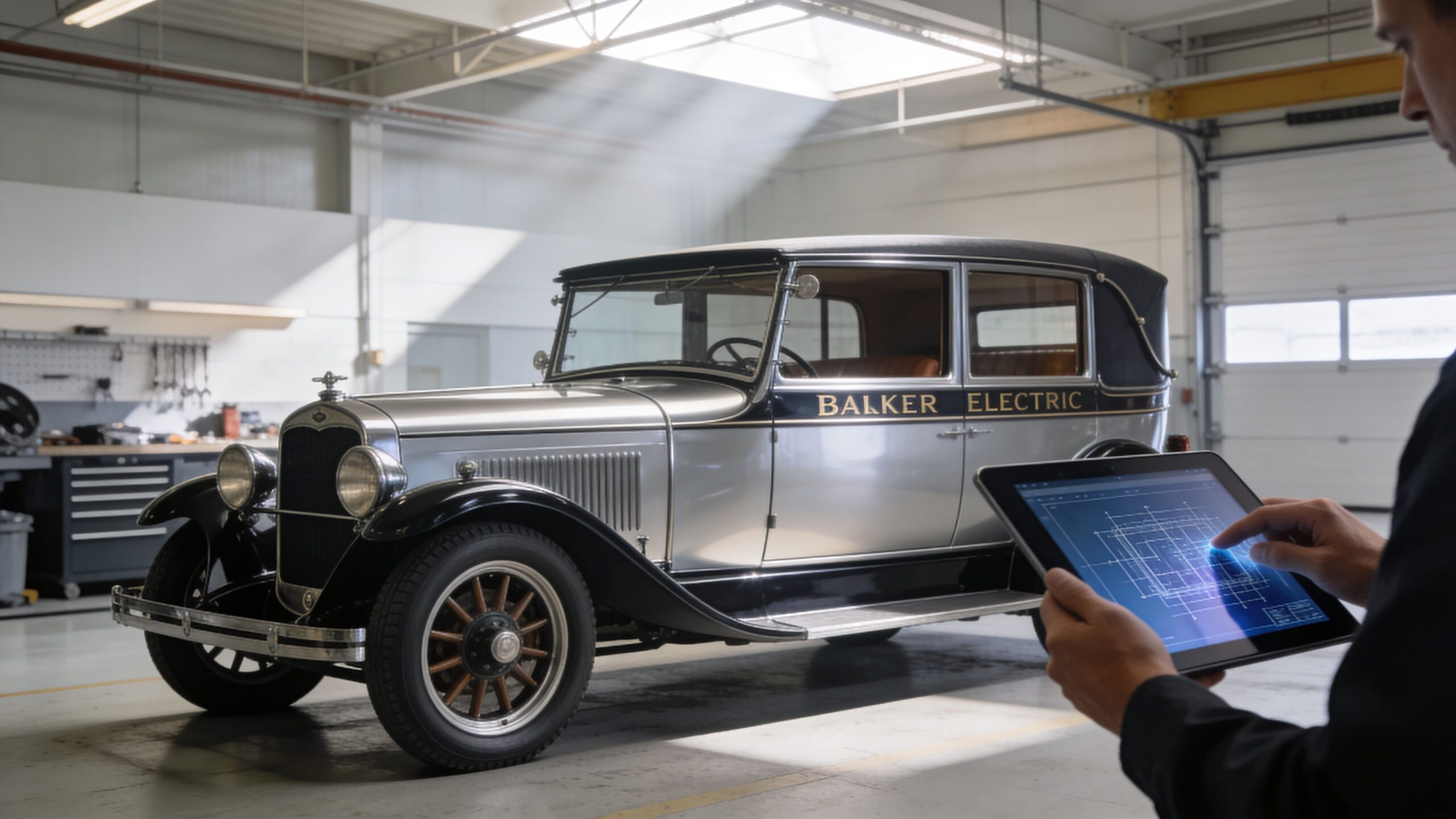 A technician using a tablet to inspect a vintage classic car in a modern automotive repair shop.
